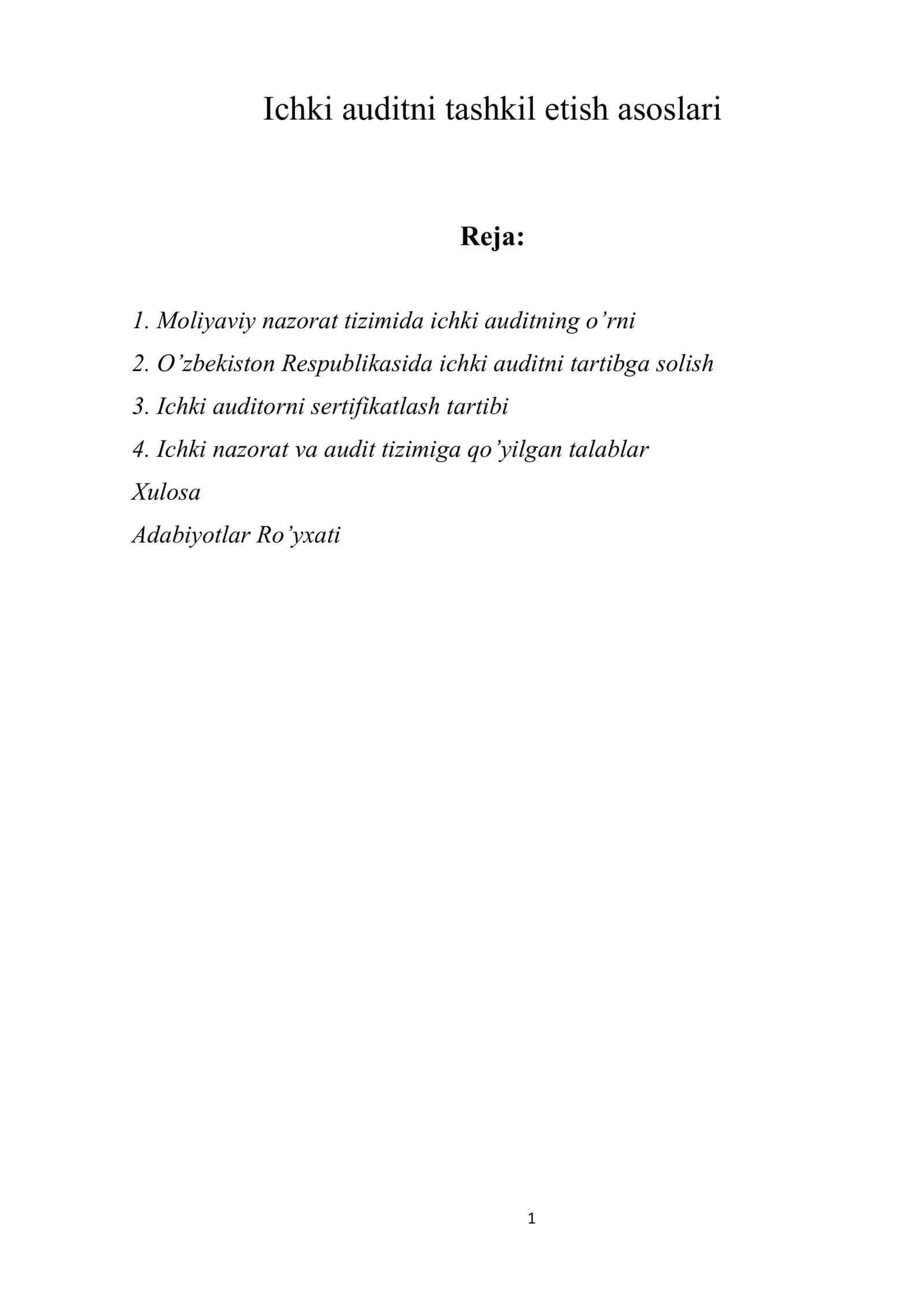 Ichki auditni tashkil etish asoslari