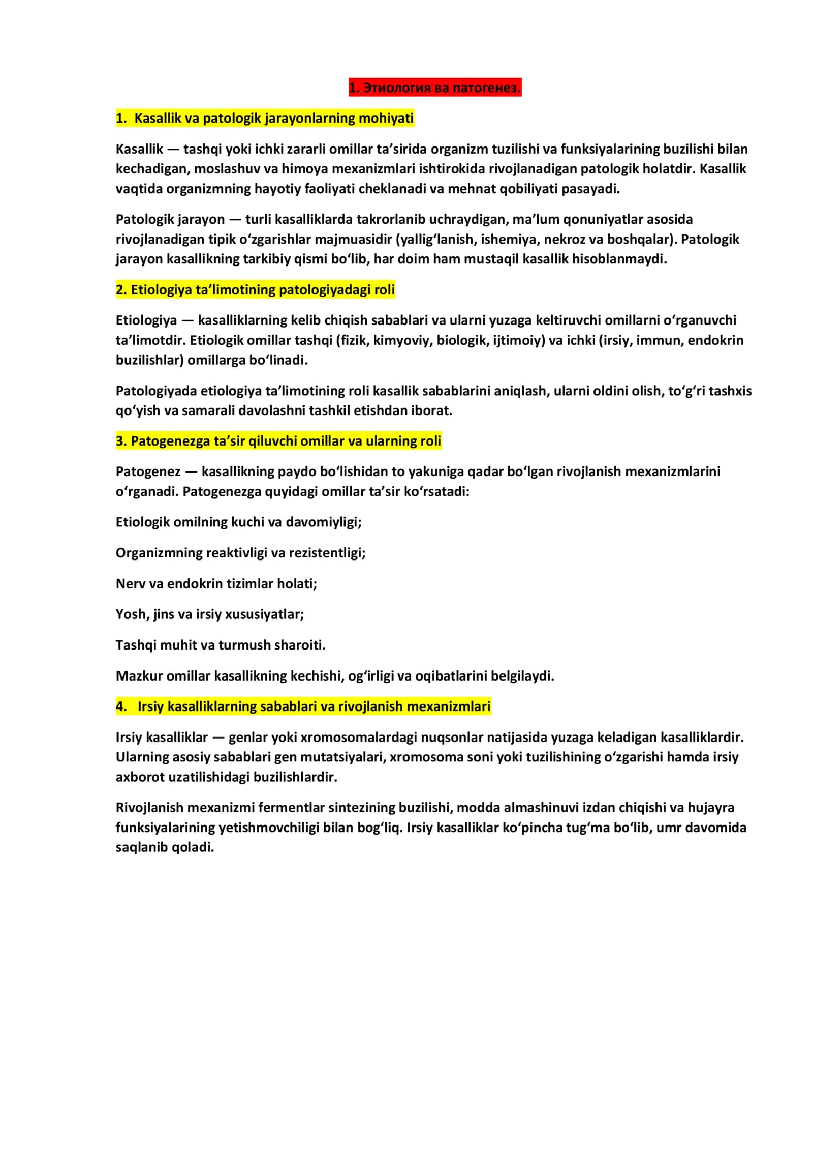 Etiologiya va patologik jarayonlarning mohiyati