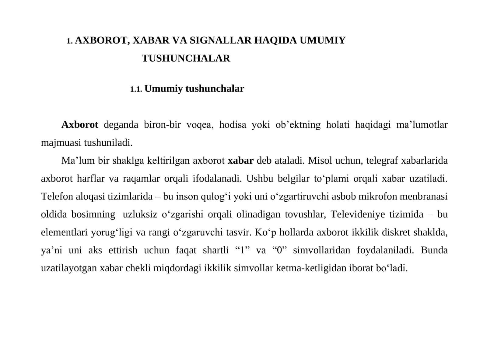AXBOROT, XABAR VA SIGNALLAR HAQIDA UMUMIY TUSHUNCHALAR