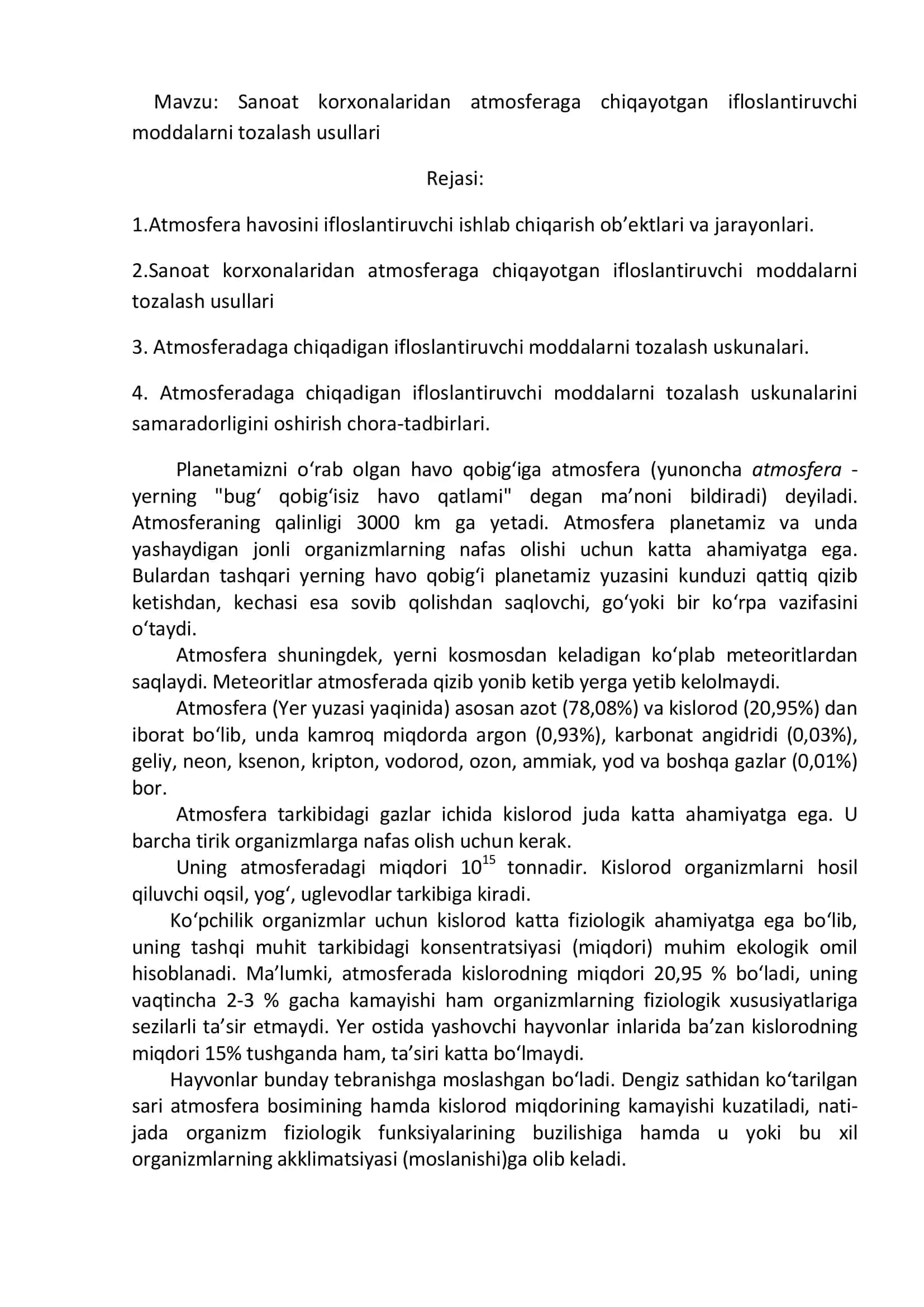 Sanoat korxonalaridan atmosferaga chiqayotgan ifloslantiruvchi moddalarni tozalash usullari