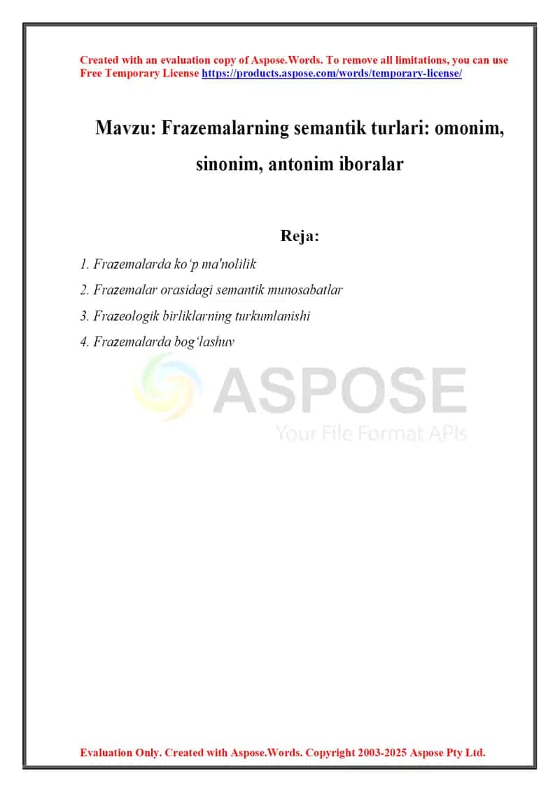 Frazemalarning semantik turlari omonim, sinonim, antonim iboralar