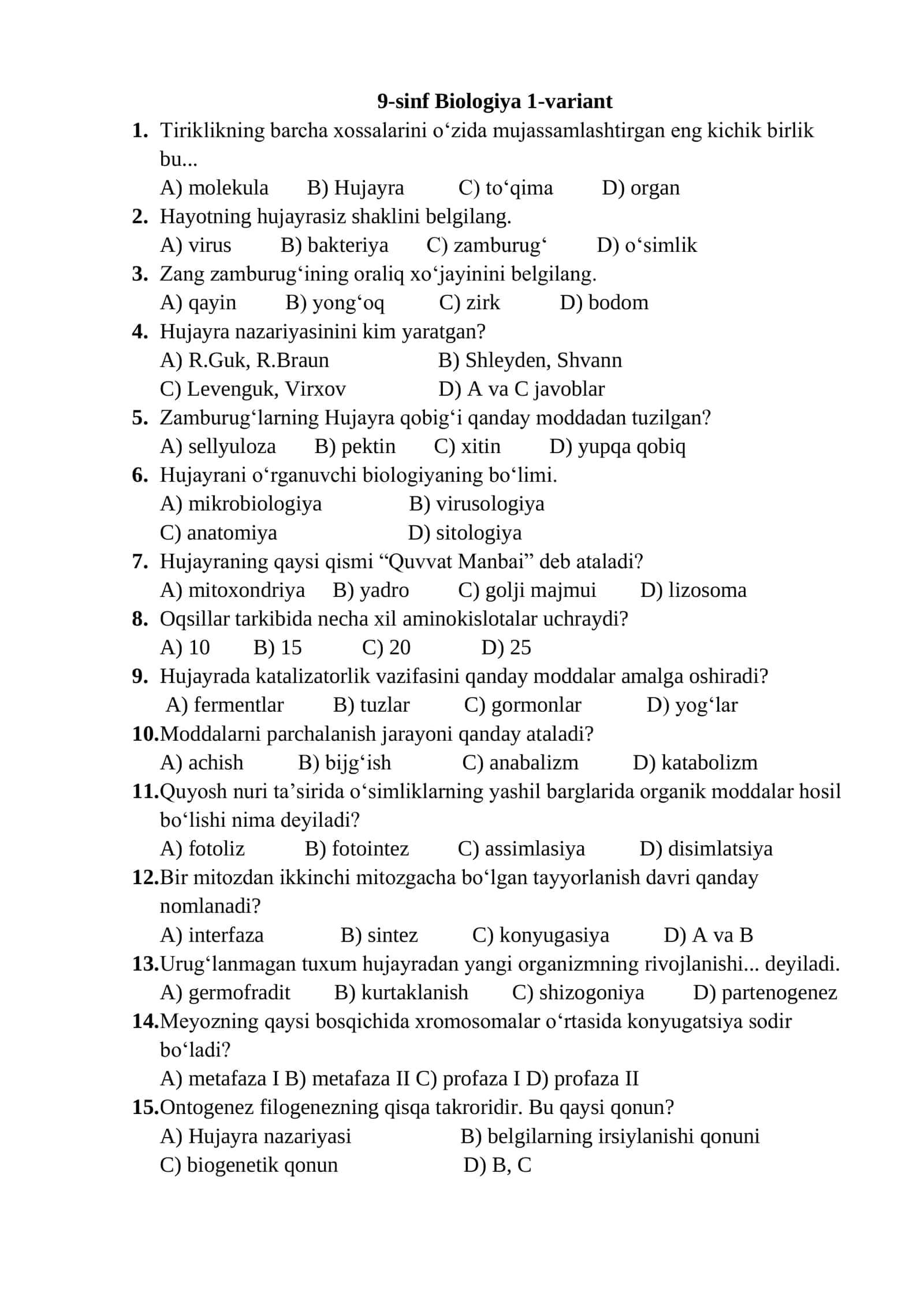 9-sinf Biologiya 1-variant