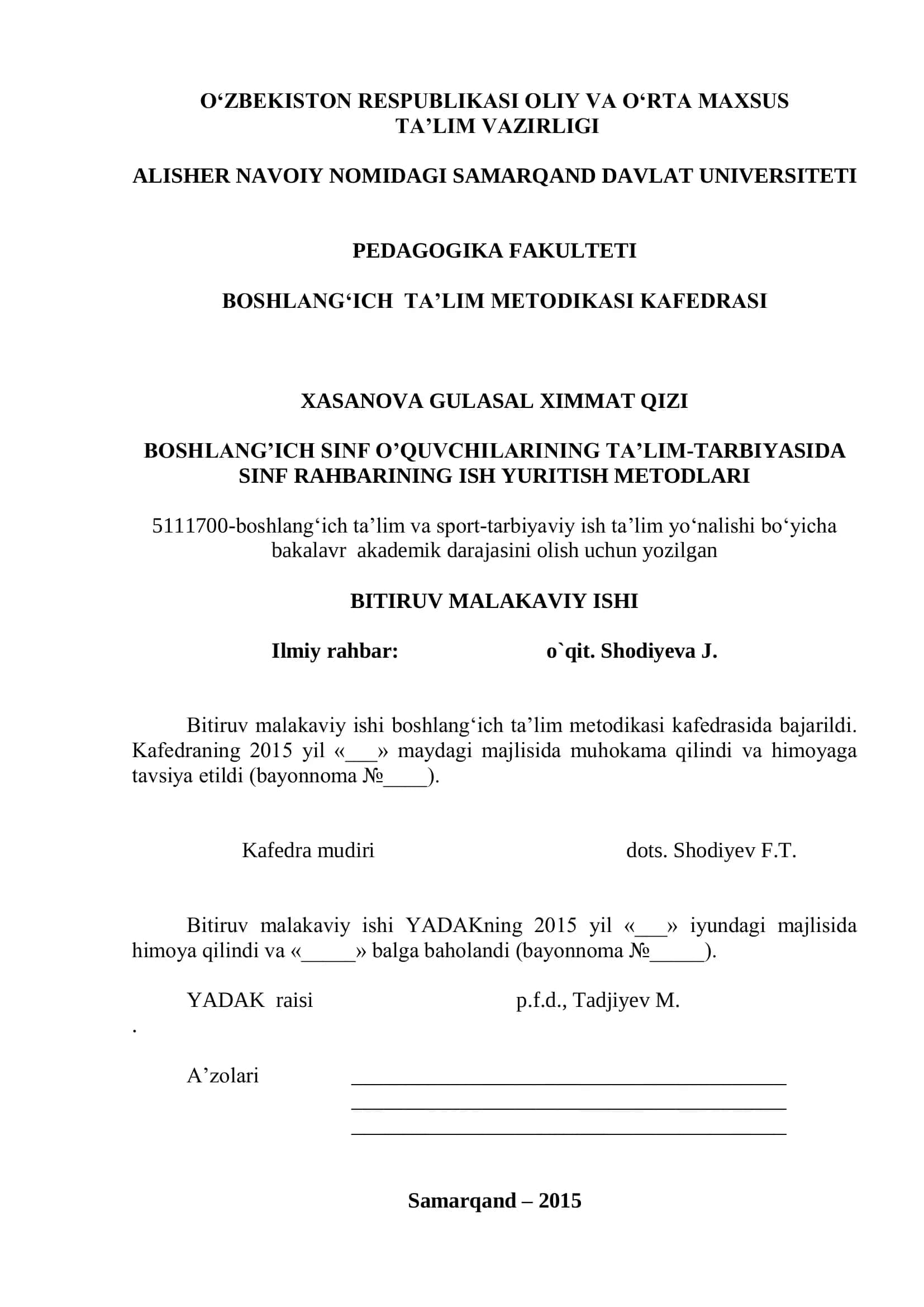Boshlang‘ich Sinf O‘quvchilarining Ta‘lim-Tarbiyasida Sinf Rahbarining Ish Yuritish Metodlari