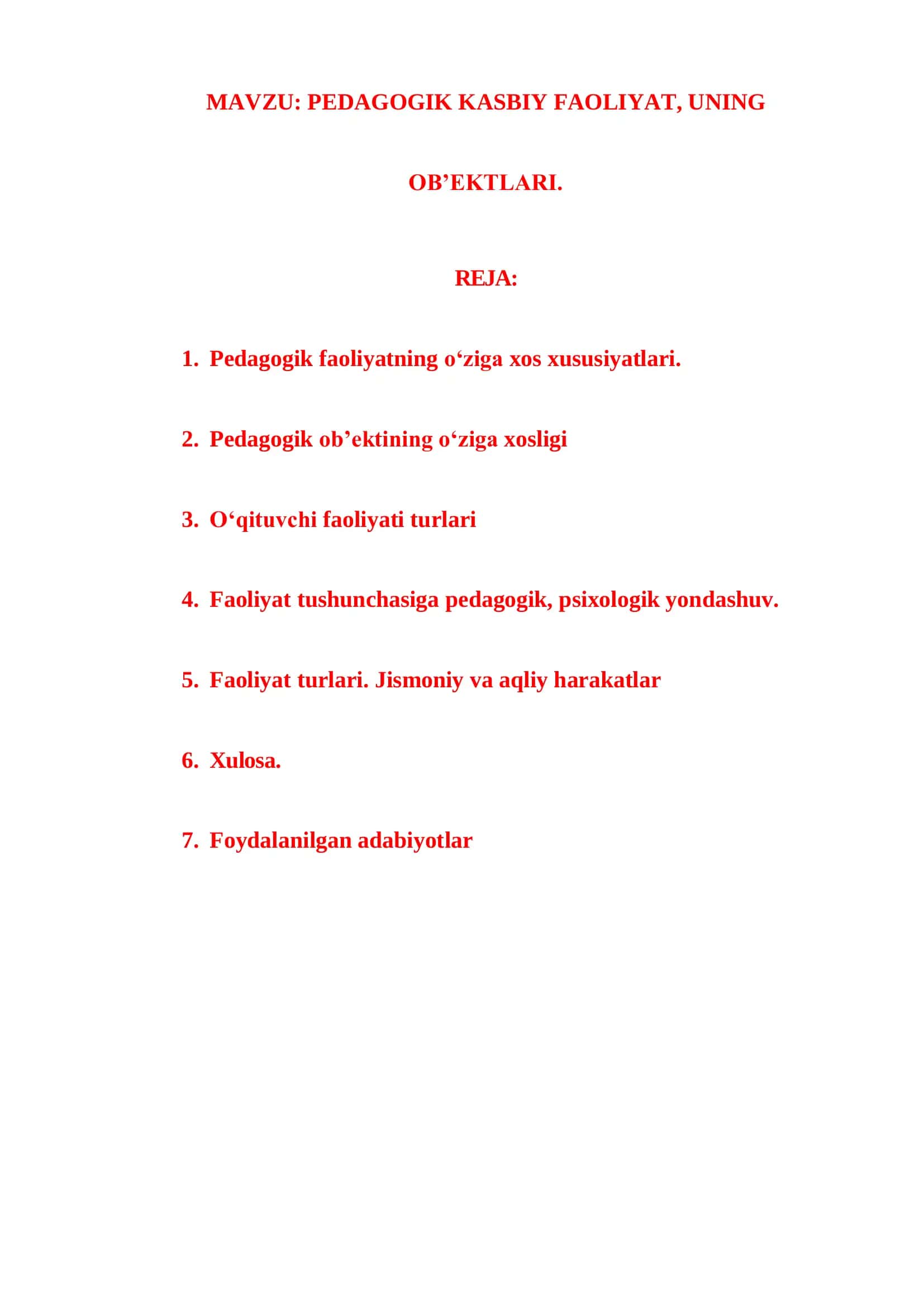 Pedagogik kasbiy faoliyat, uning ob'ektalri