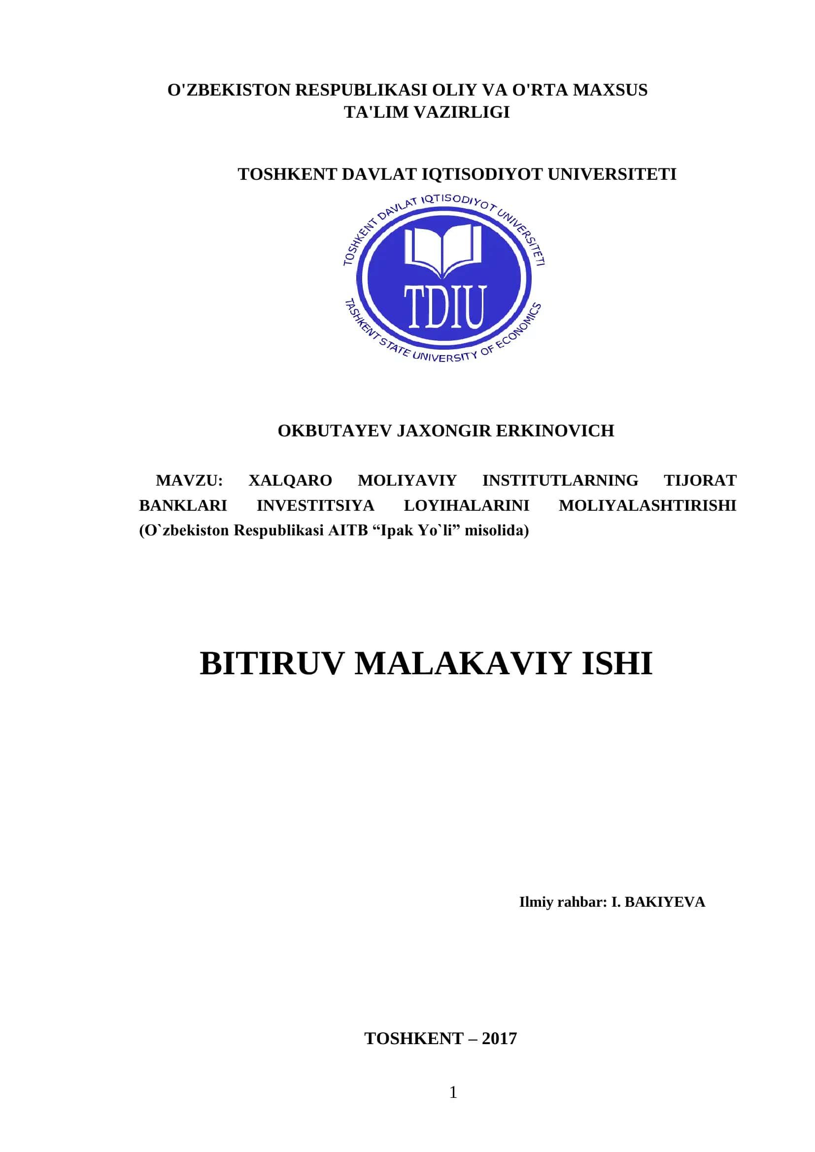 XALQARO MOLIYAVIY INSTITUTLARNING TIJORAT BANKLARI INVESTITSIYA LOYIHALARINI MOLIYALASHTIRISHI