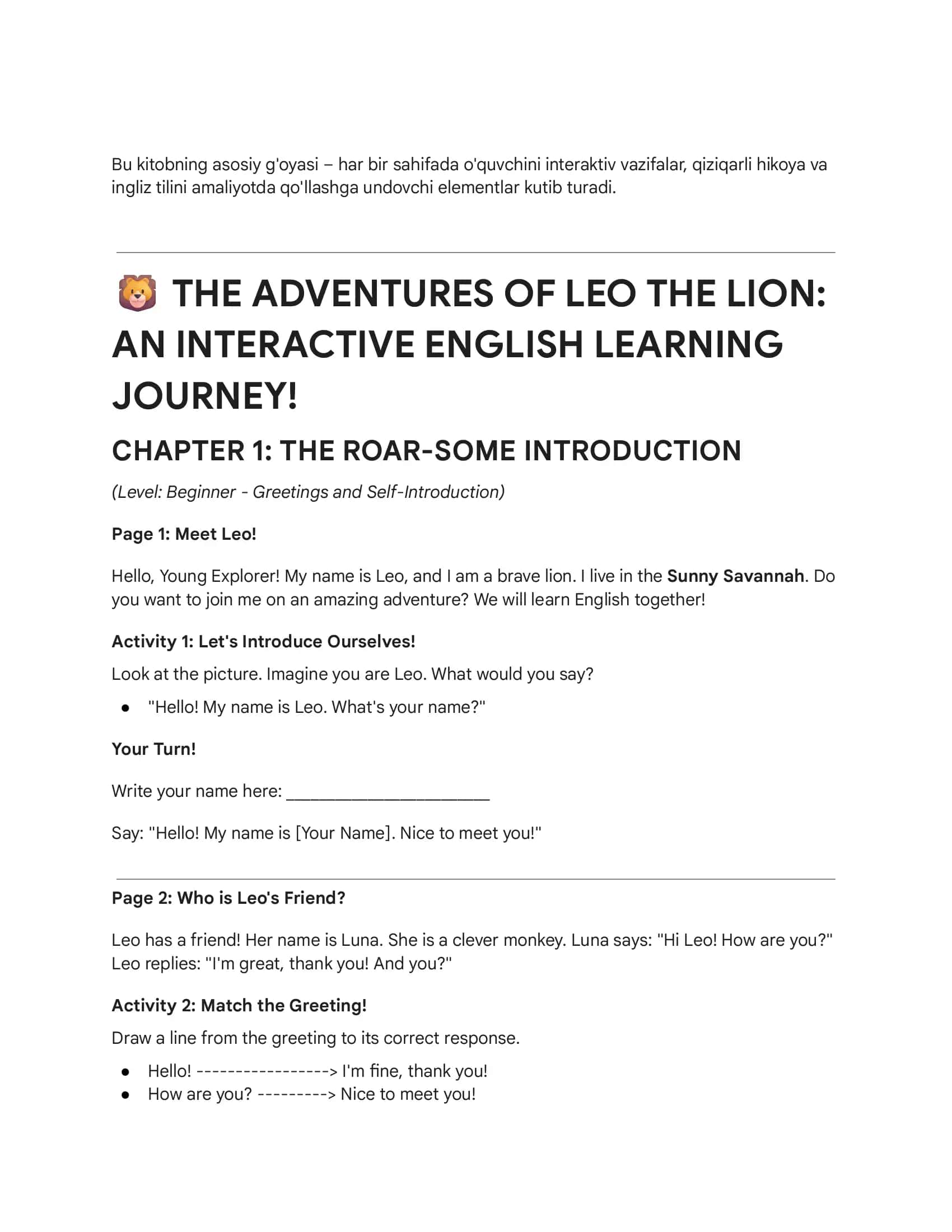 THE ADVENTURES OF LEO THE LION: AN INTERACTIVE ENGLISH LEARNING JOURNEY!