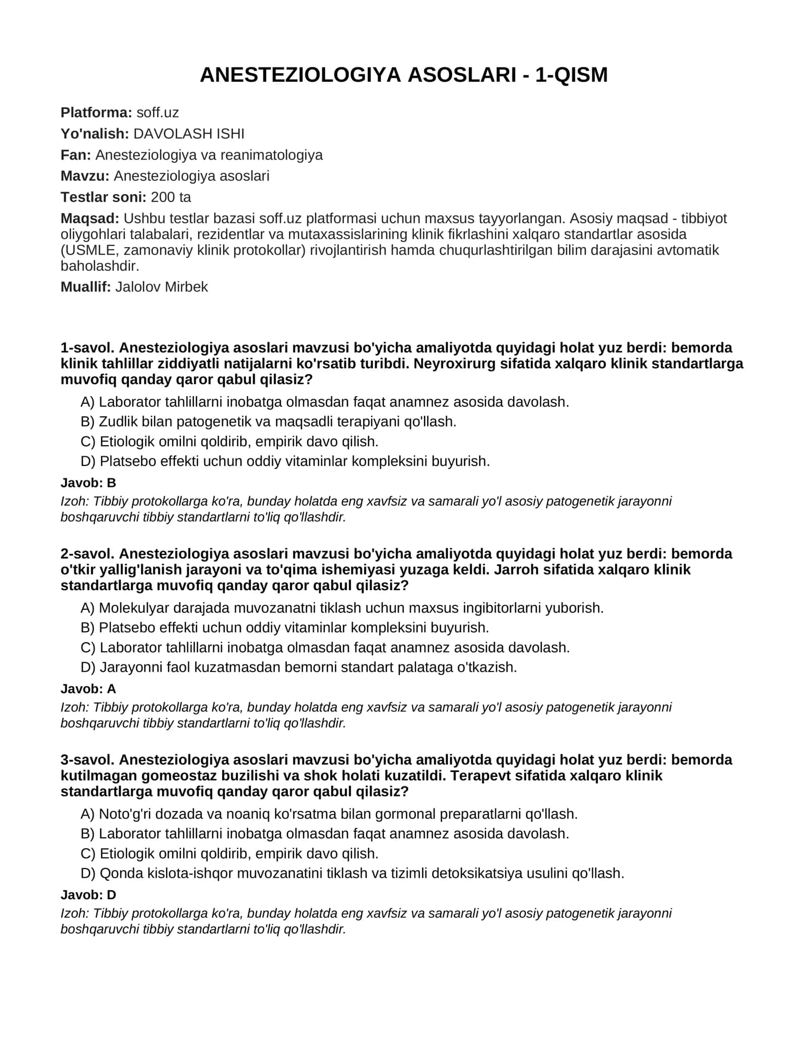 ANESTEZIOLOGIYA ASOSLARI - 1-QISM