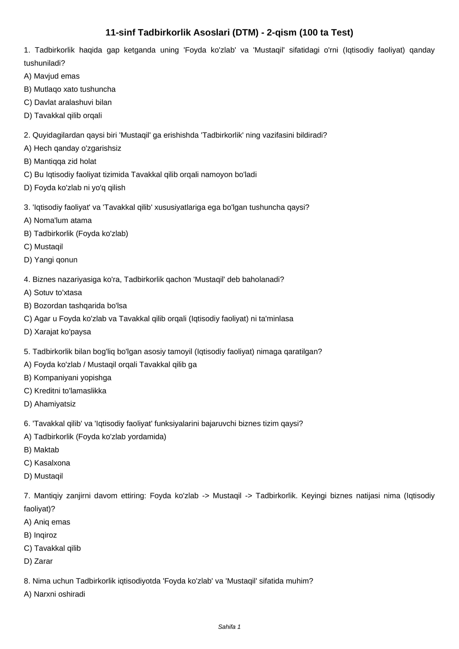 11-sinf Tadbirkorlik Asoslari (DTM) - 2-qism (100 ta Test)