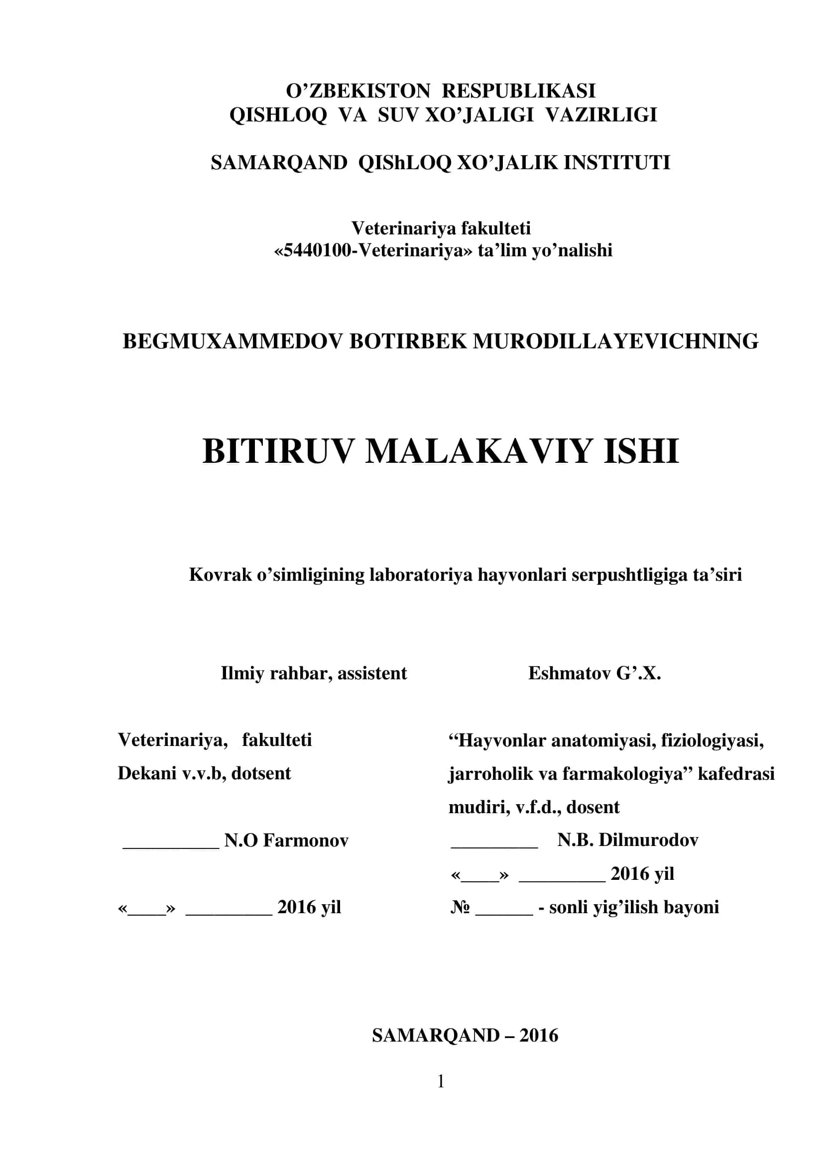 Bitiruv malakaviy ishi "Kovrak o’simligining laboratoriya hayvonlari serpushtligiga ta’siri"