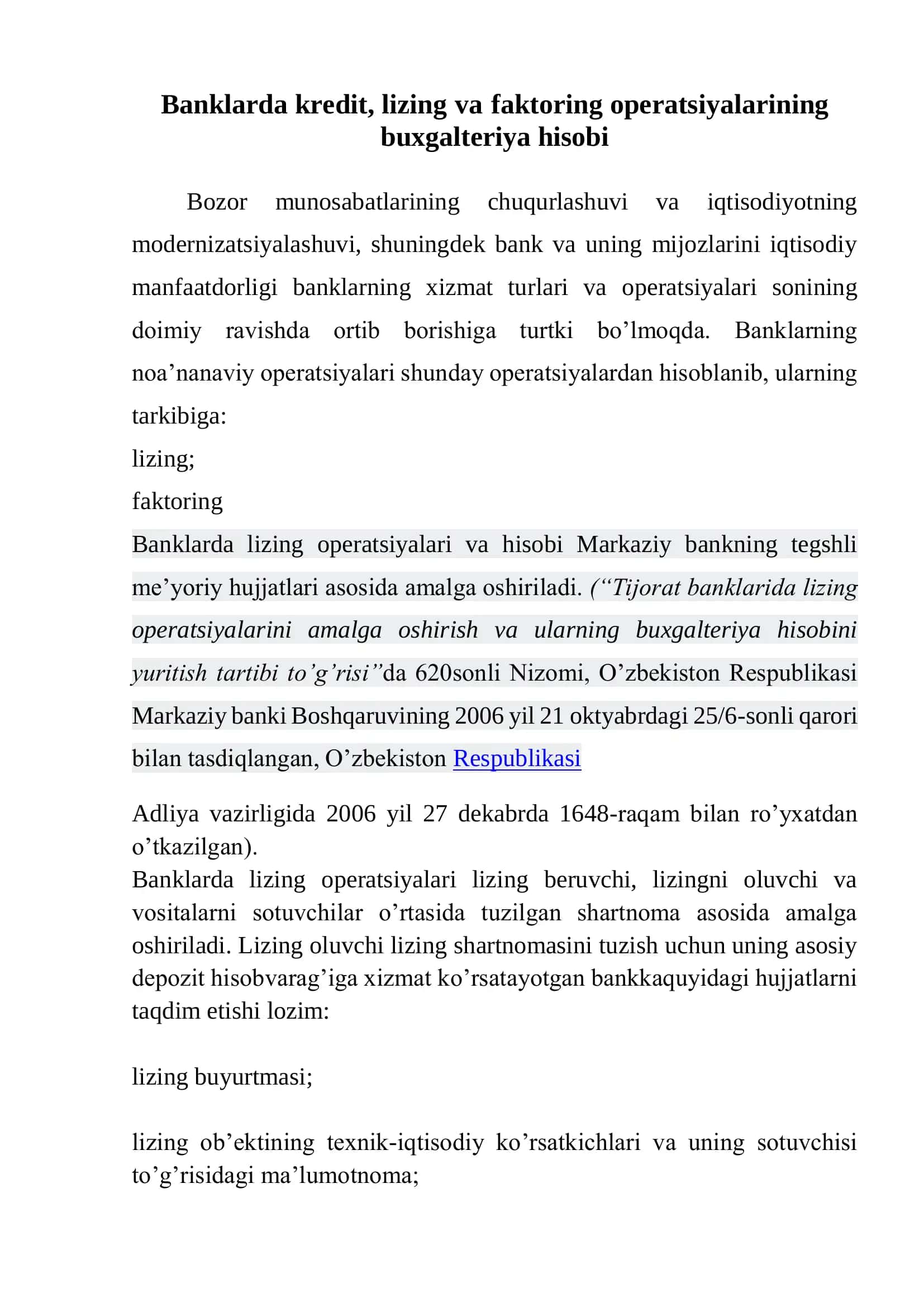 Banklarda kredit, lizing va faktoring operatsiyalarining buxgalteriya hisobi