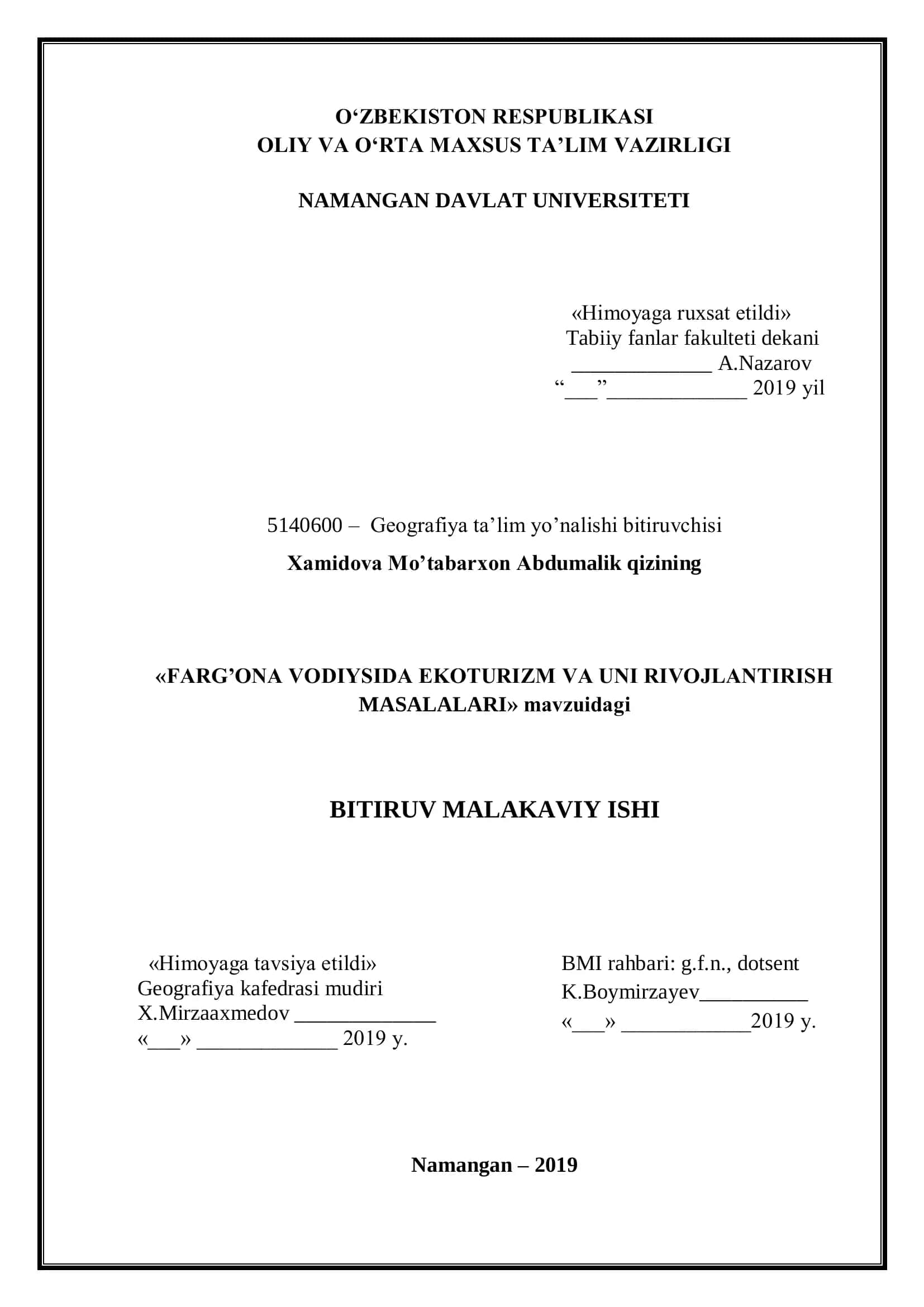 FARG‟ONA VODIYSIDA EKOTURIZM VA UNI RIVOJLANTIRISH MASALALARI