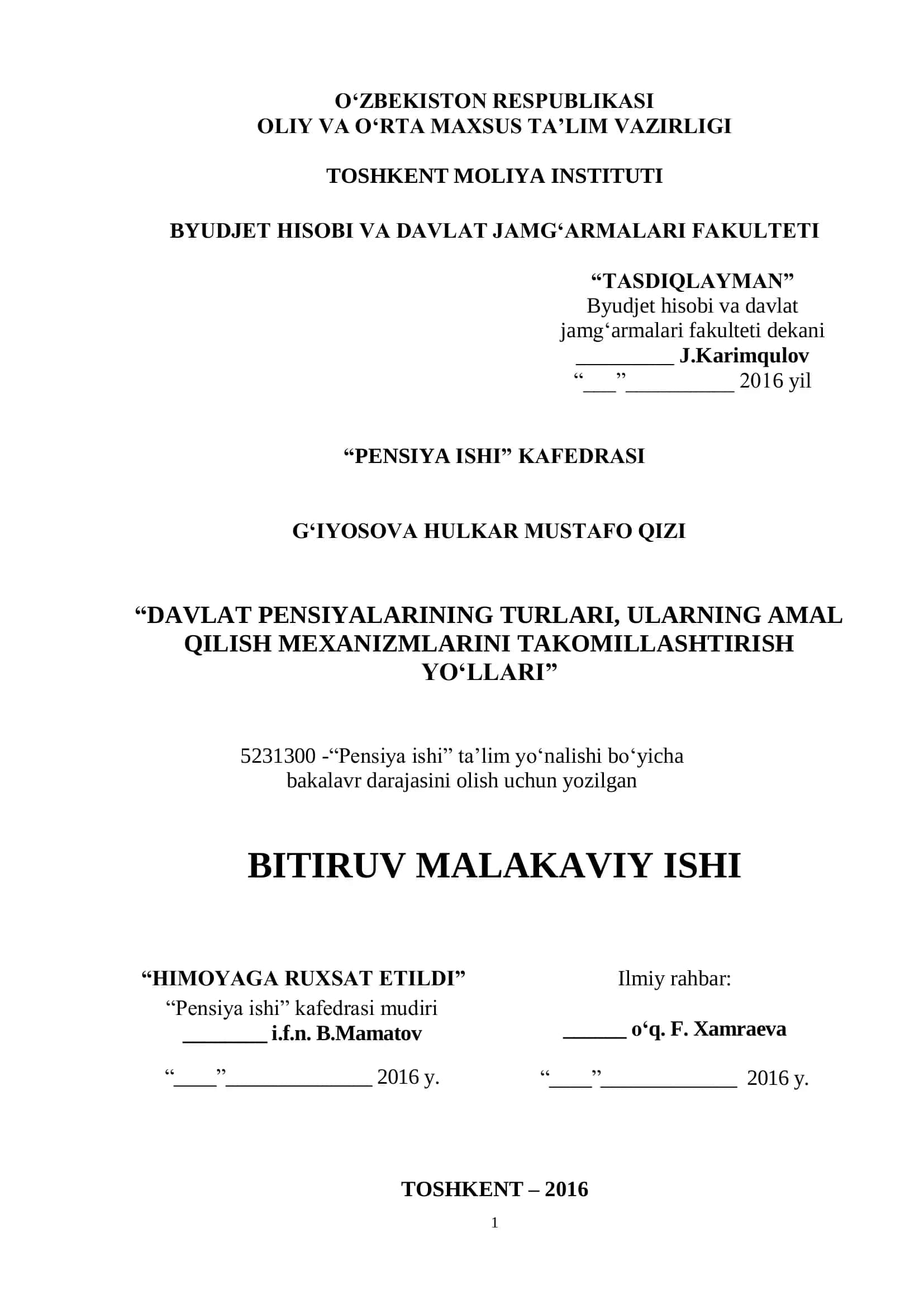 Davlat pensiyalarining turar va ularning amal qilish mexanizmlarini takomillashtirish yo'llari