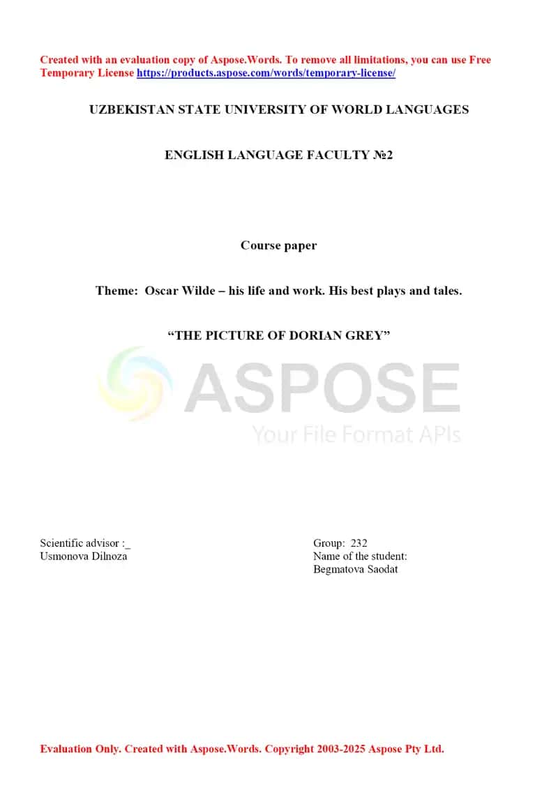 Oscar Wilde – his life and work. His best plays and tales (The Picture of Dorian Grey)