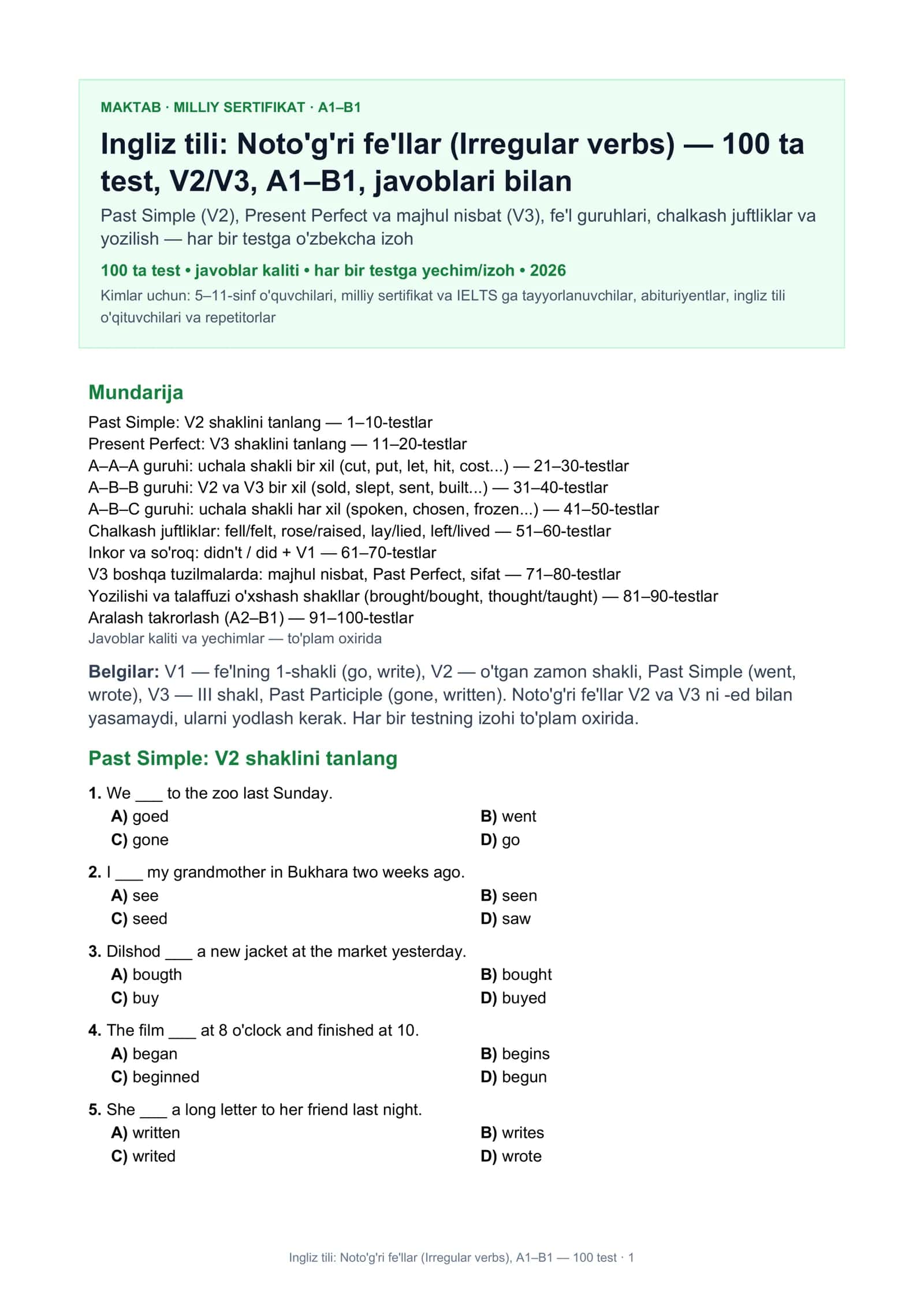 Ingliz tili: Noto'g'ri fe'llar (Irregular verbs)
