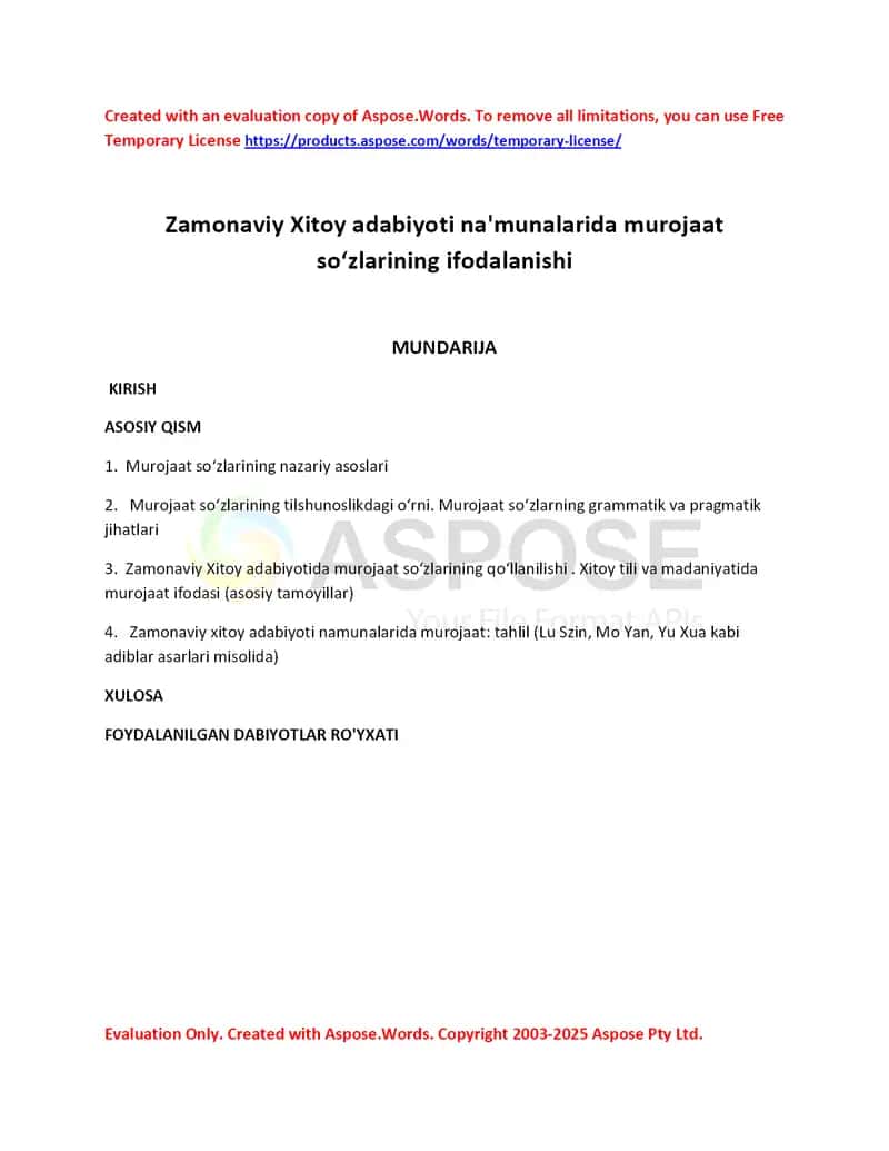 Zamonaviy Xitoy adabiyoti na'munalarida murojaat so‘zlarining ifodalanishi