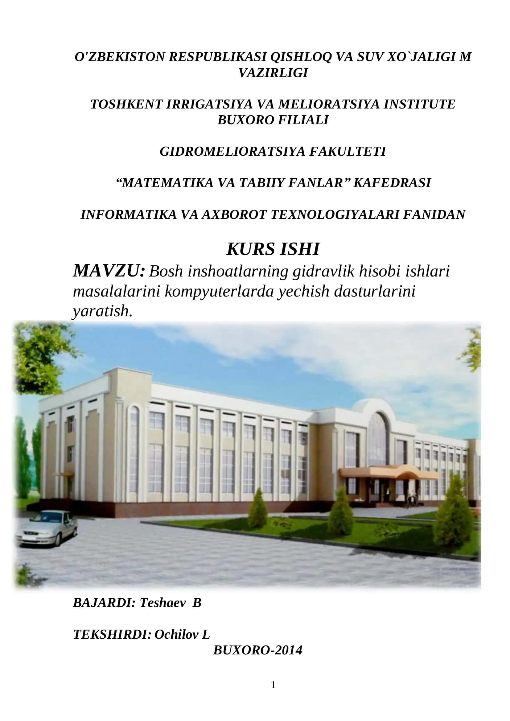 Bosh inshoatlarning gidravlik hisobi ishlari