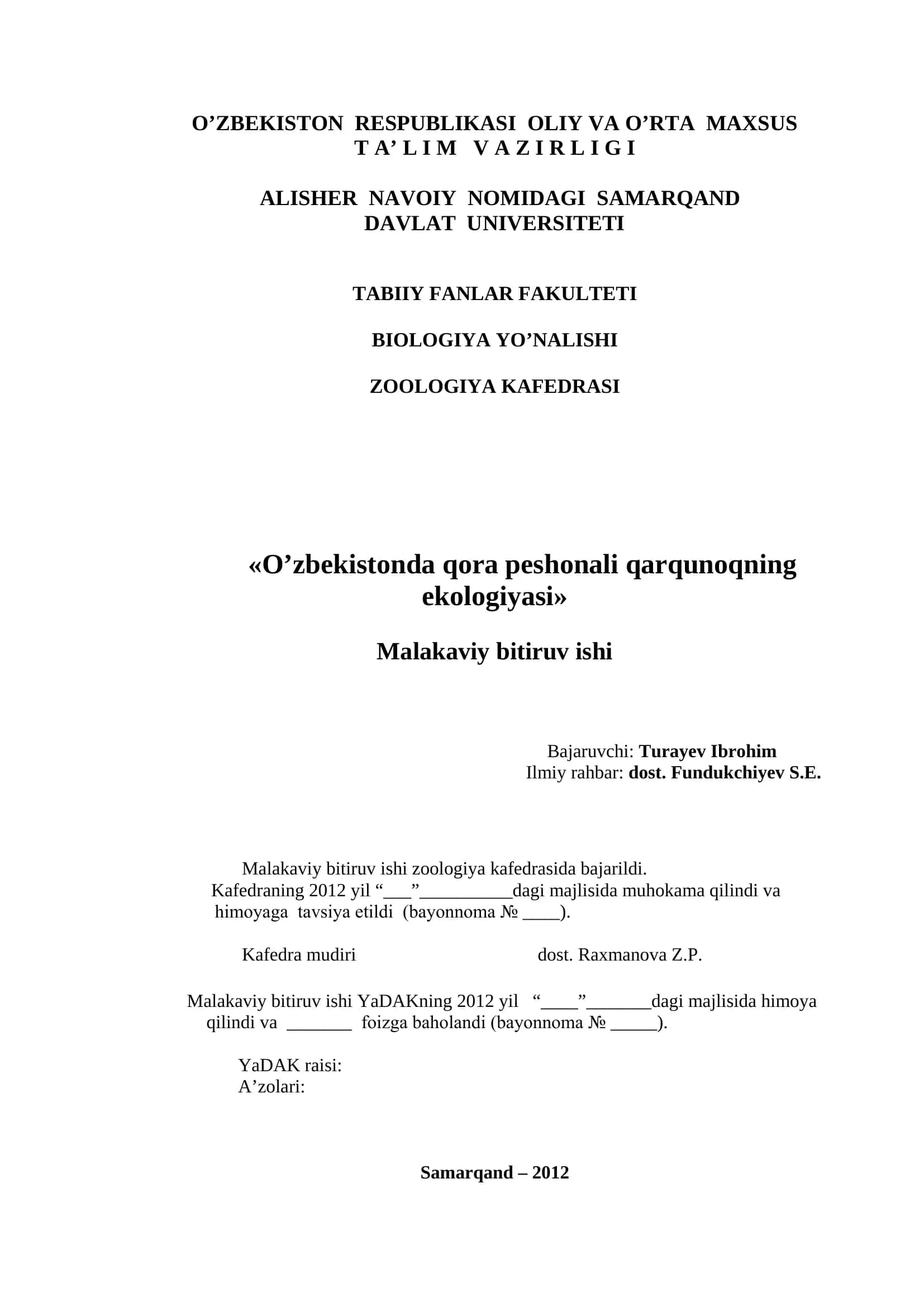 O’zbekistonda qora peshonali qarqunoqning ekologiyasi