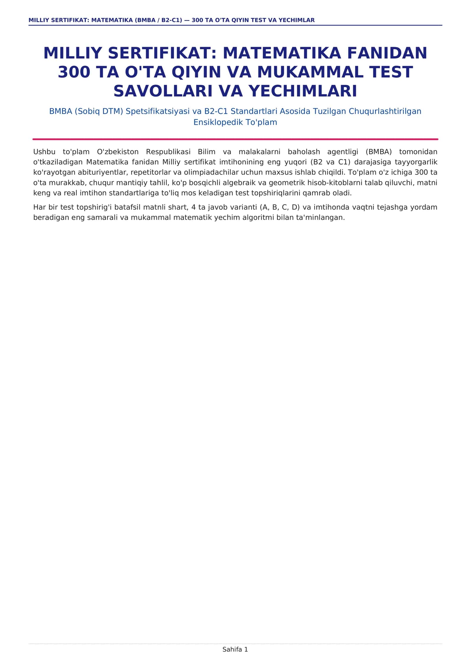 MILLIY SERTIFIKAT: MATEMATIKA (BMBA / B2-C1) - 300 TA O'TA QIYIN TEST VA YECHIMLAR