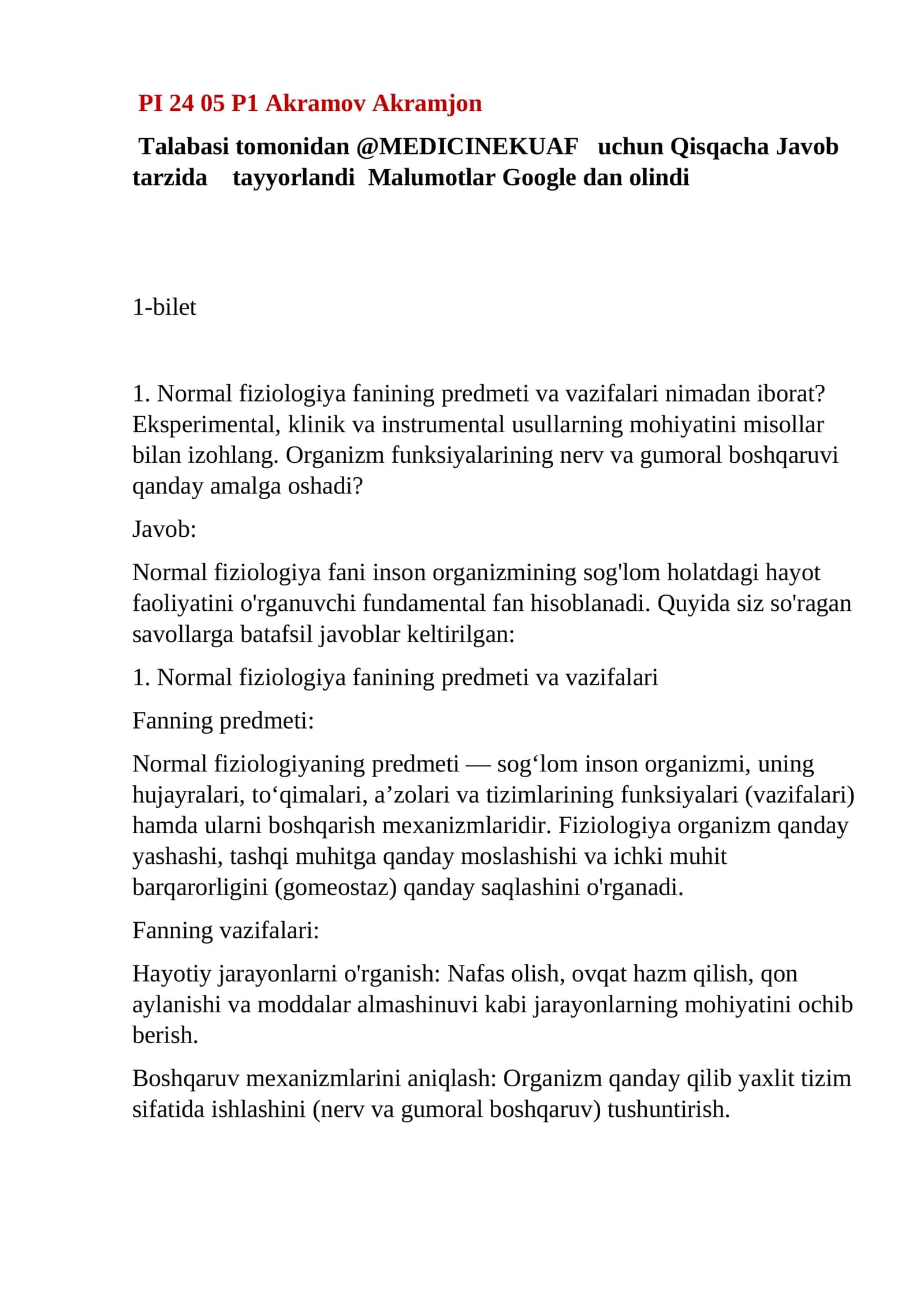 Normal fiziologiya fanining predmeti va vazifalari