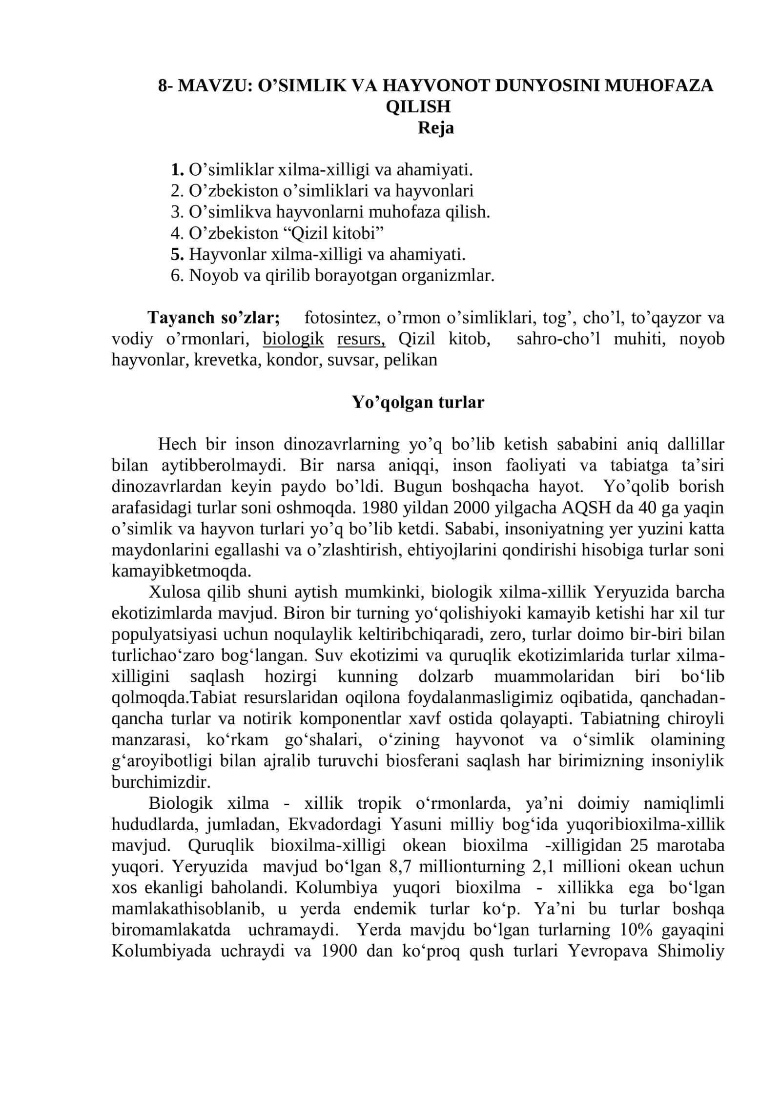 O‟SIMLIK VA HAYVONOT DUNYOSINI MUHOFAZA QILISH