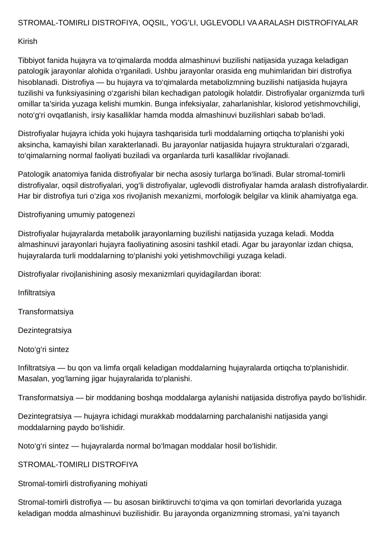 STROMAL-TOMIRLI DISTROFIYA, OQSIL, YOGʻLI, UGLEVODLI VA ARALASH DISTROFIYALAR