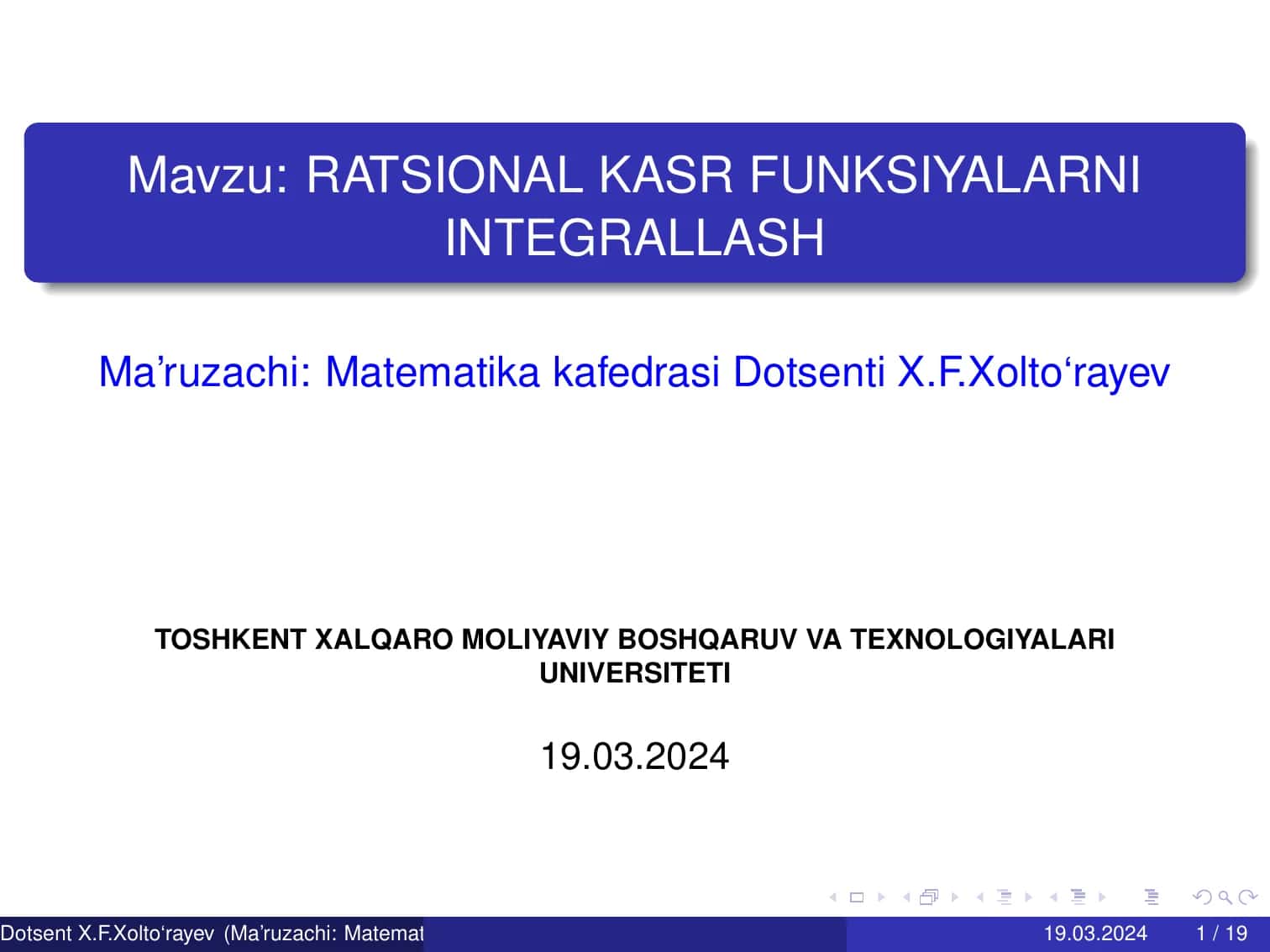 RATSIONAL KASR FUNKSIYALARNI INTEGRALLASH