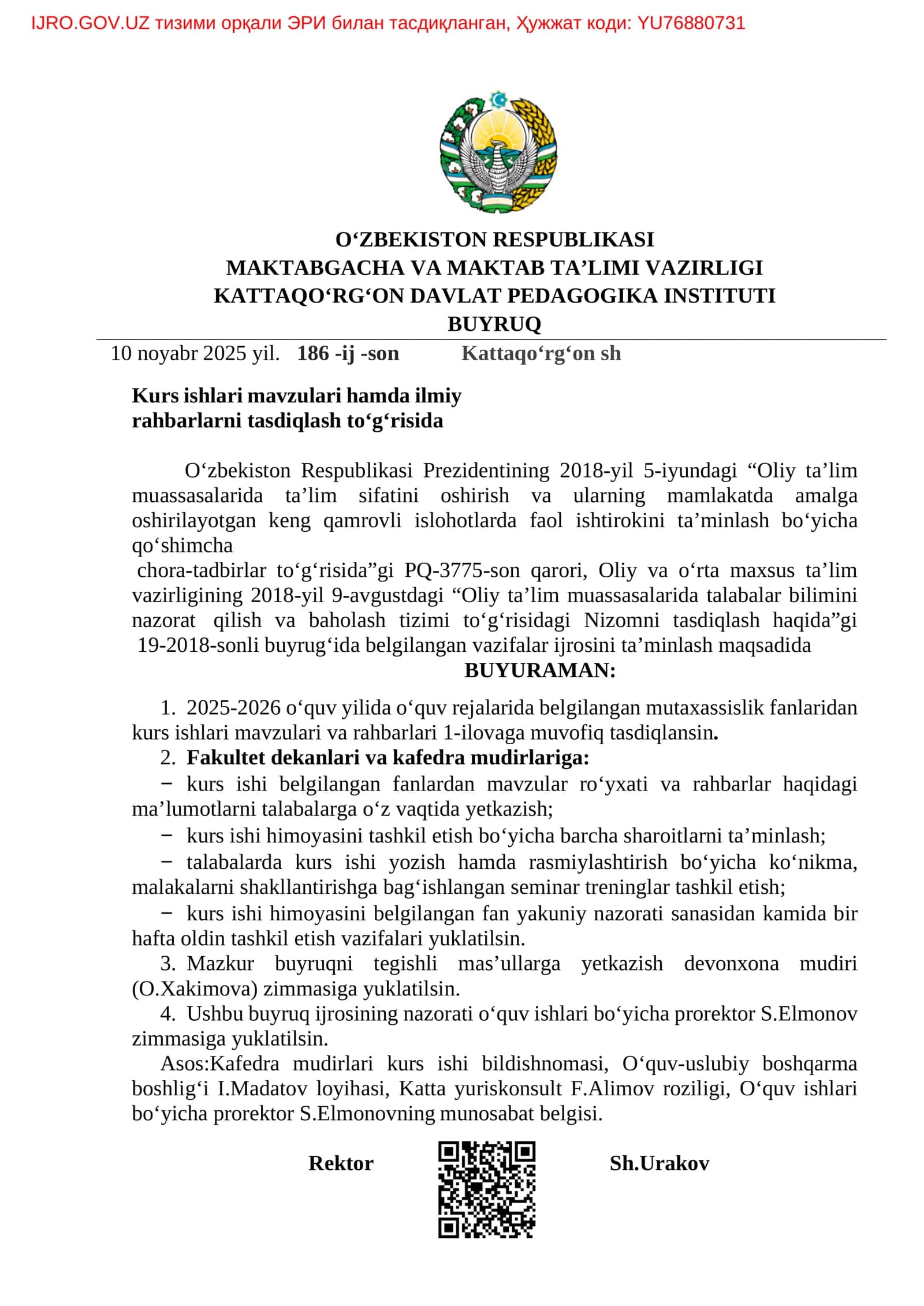 Kurs ishlari mavzulari hamda ilmiy rahbarlarni tasdiqlash