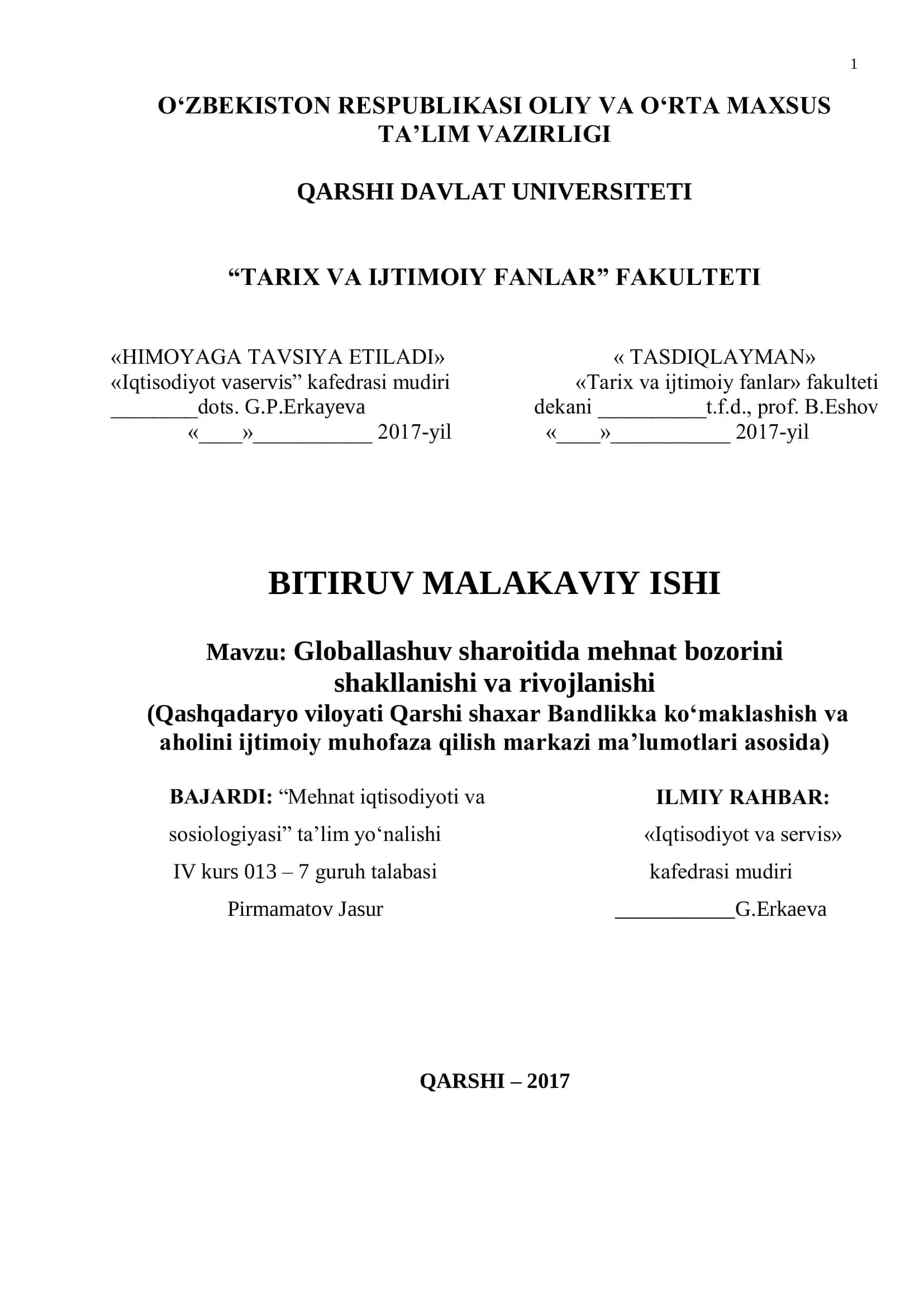 Globallashuv sharoitida mehnat bozorini shakllanishi va rivojlanishi