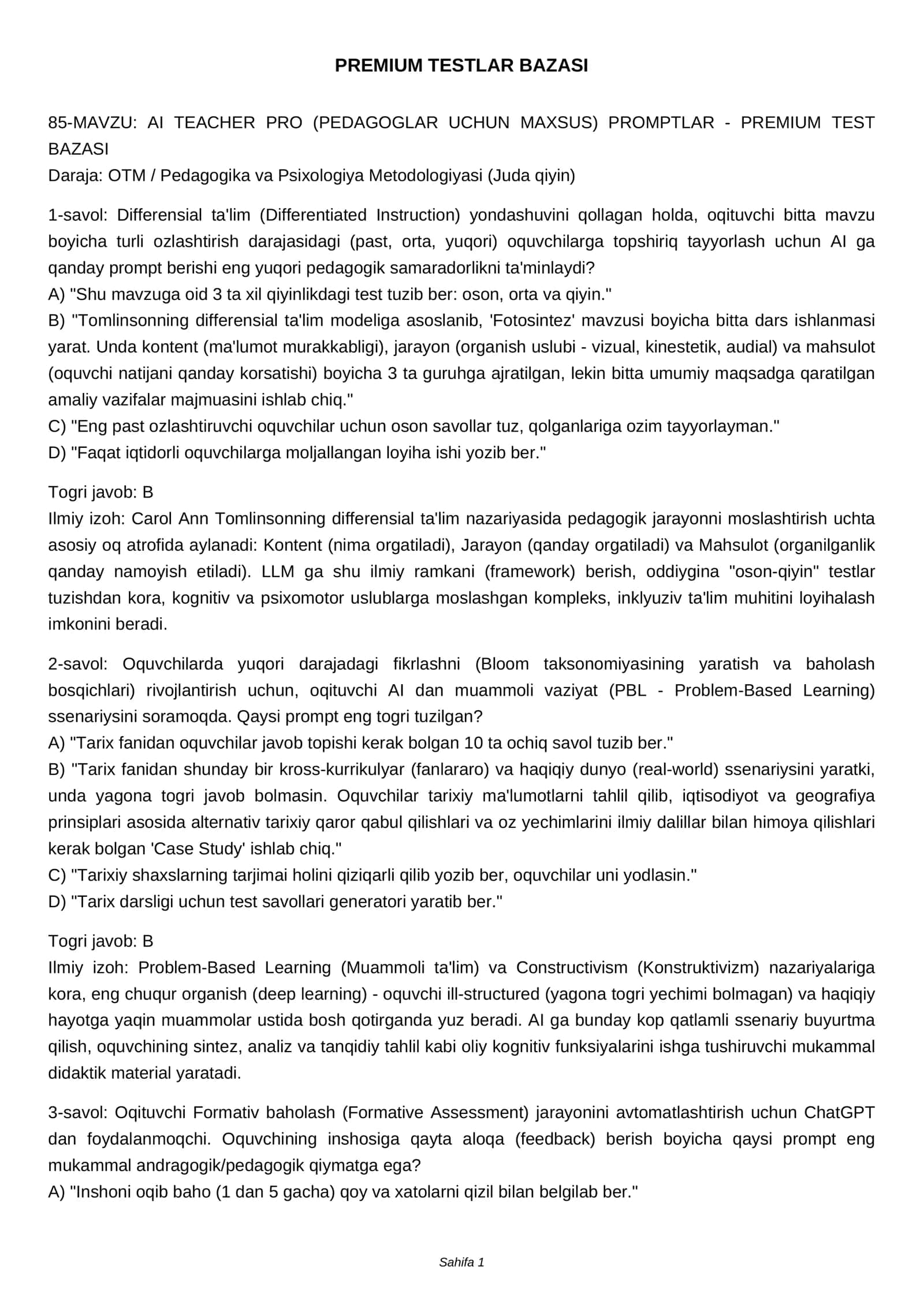 MAVZU: AI TEACHER PRO (PEDAGOGLAR UCHUN MAXSUS) PROMPTLAR - PREMIUM TEST BAZASI
