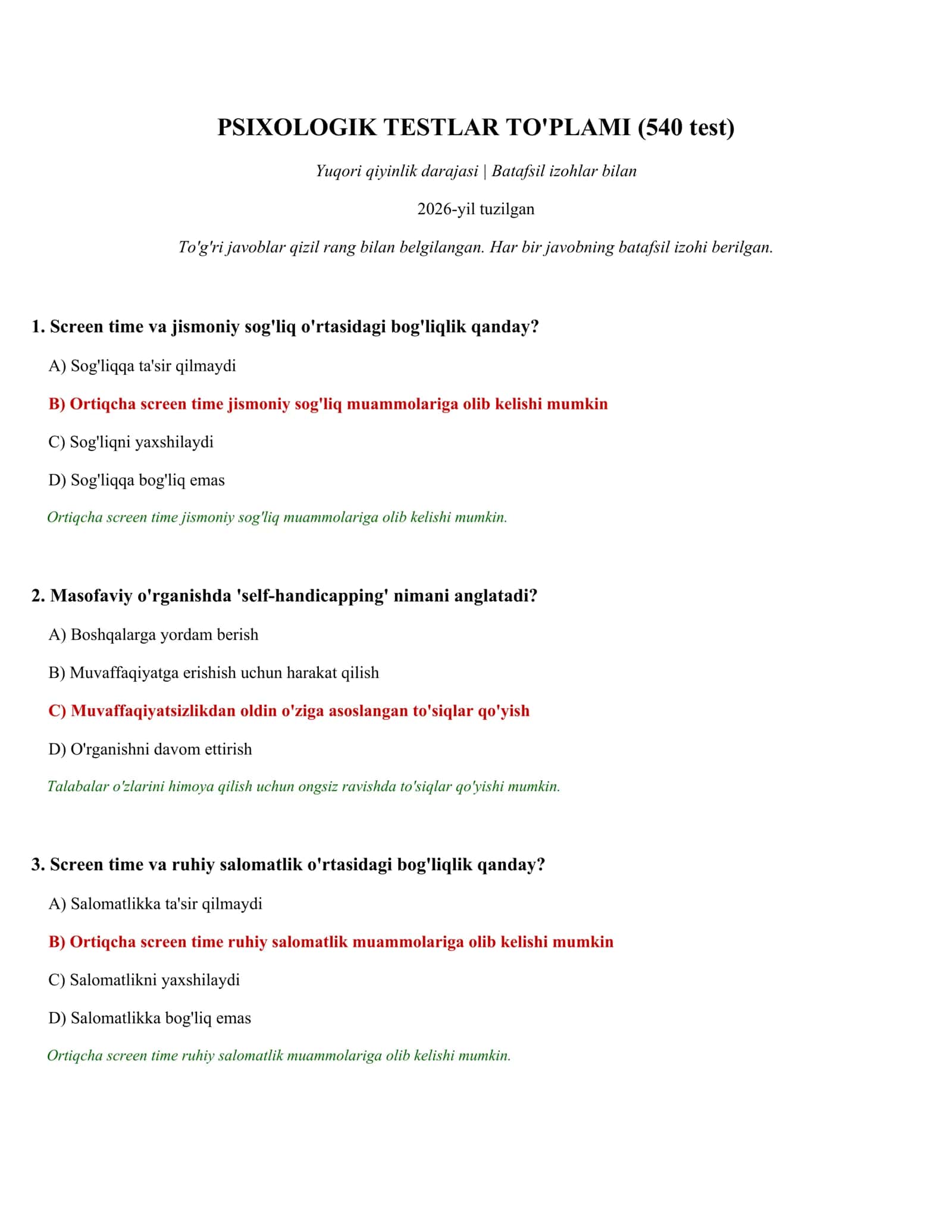 PSIXOLOGIK TESTLAR TO'PLAMI (540 test)