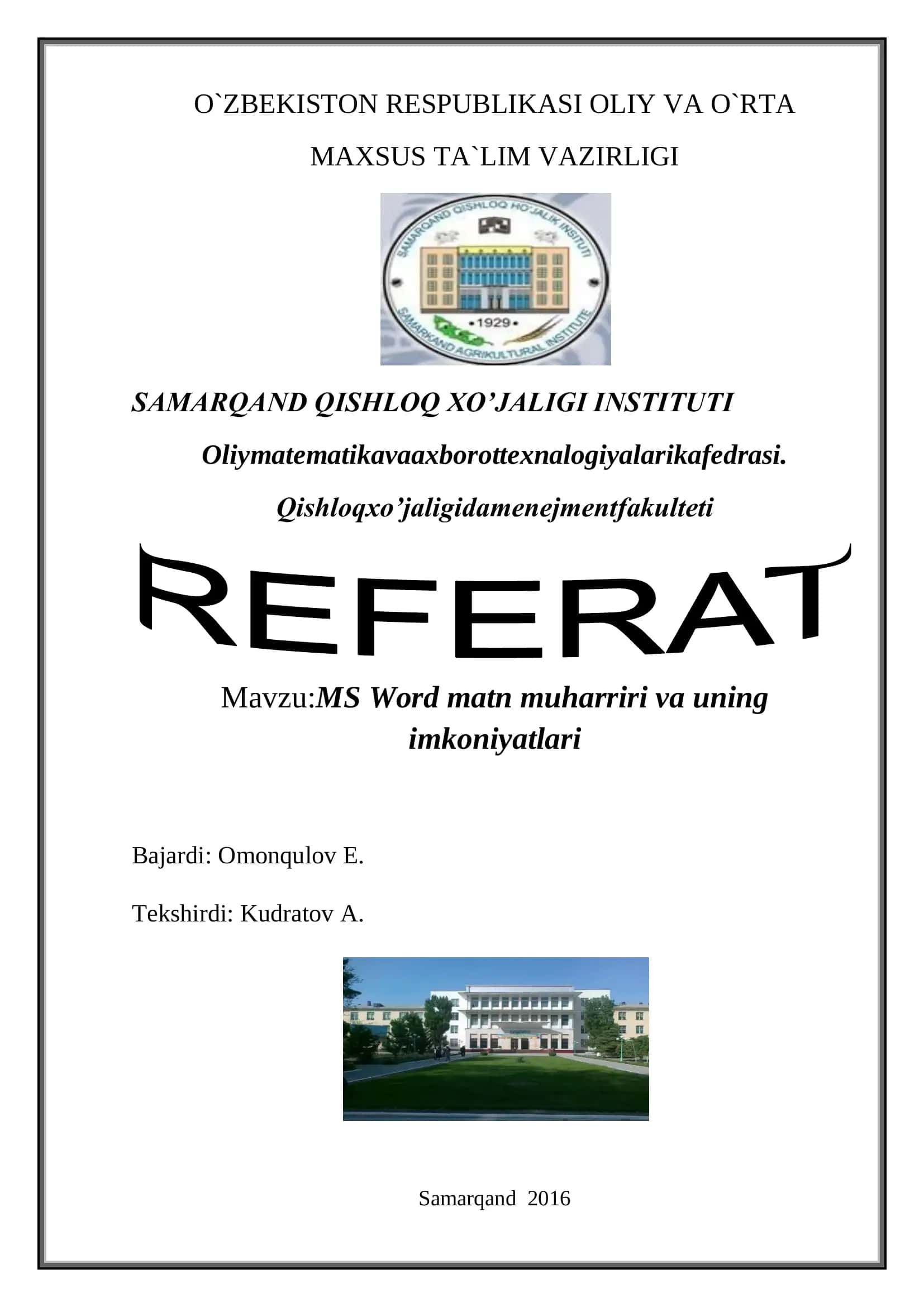 MS Word matn muharriri va uning imkoniyatlari