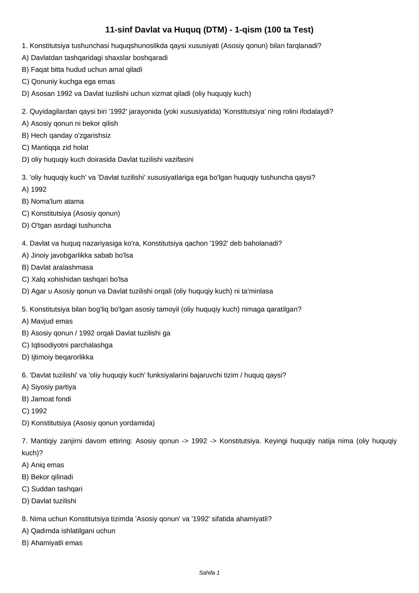11-sinf Davlat va Huquq (DTM) - 1-qism (100 ta Test)