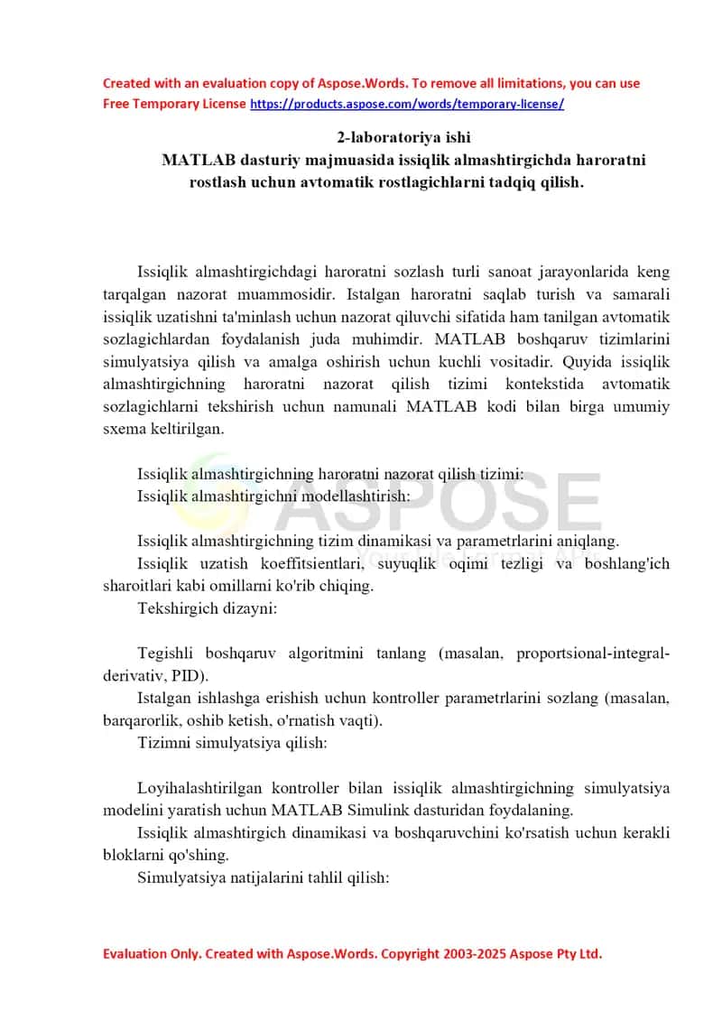 Heat Exchanger Temperature Control MATLAB Simulink modeli