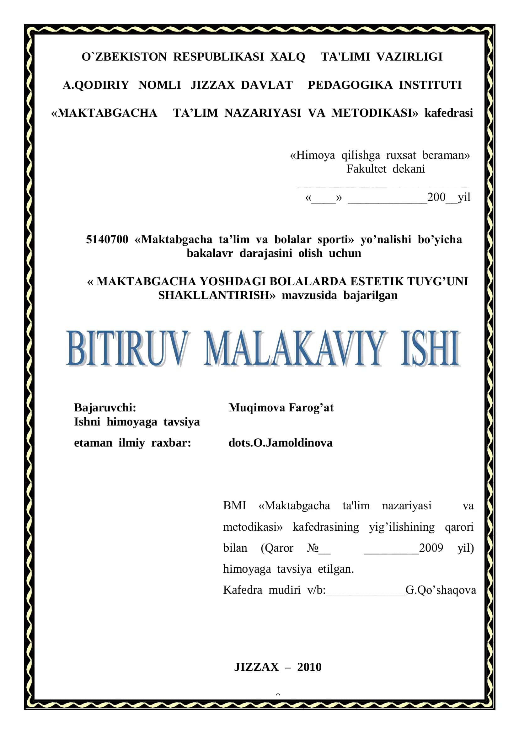 MAKTABGACHA YOSHDAGI BOLALARDA ESTЕTIK TUYG’UNI SHAKLLANTIRISH