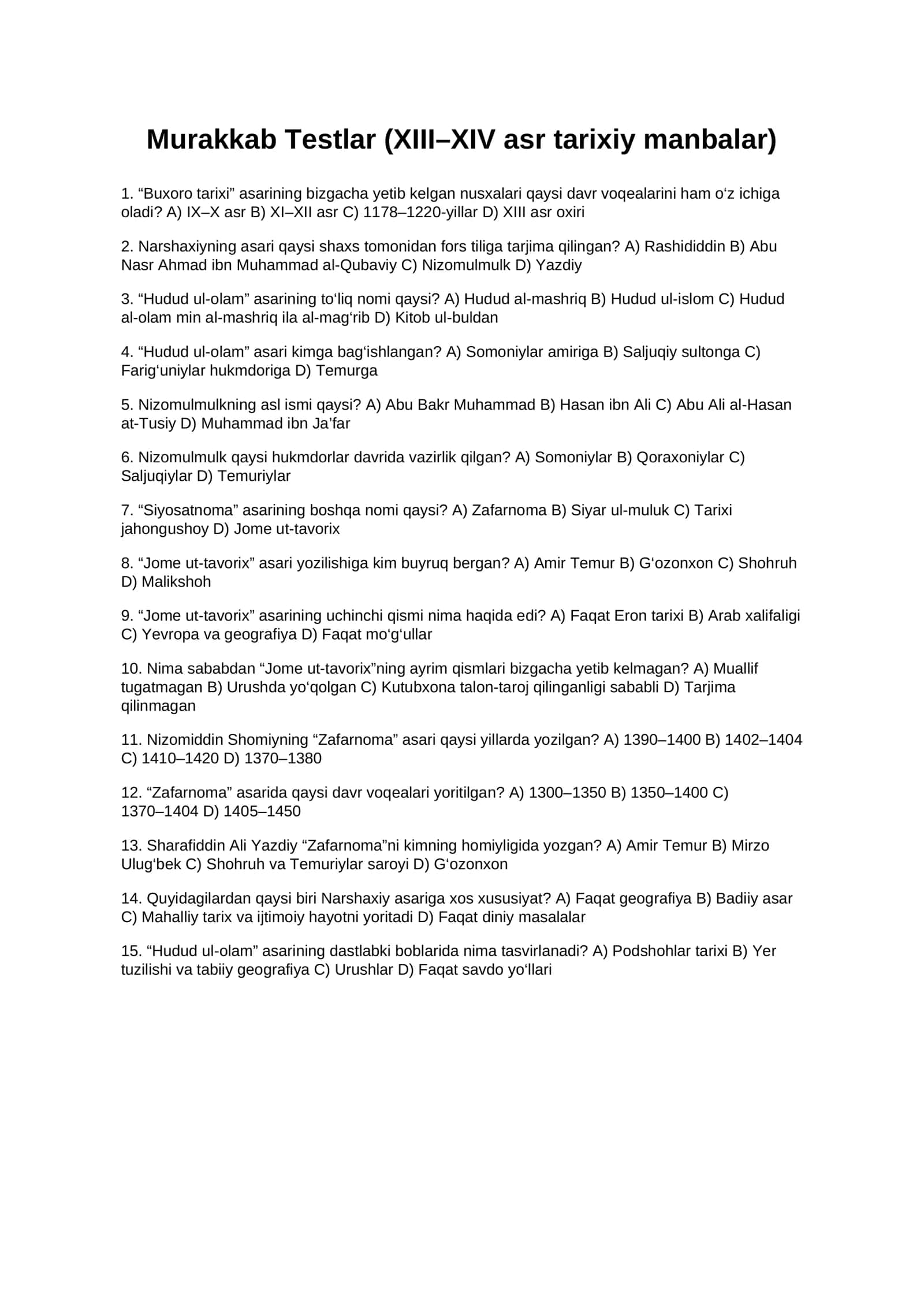 Murakkab Testlar (XIII–XIV asr tarixiy manbalar)