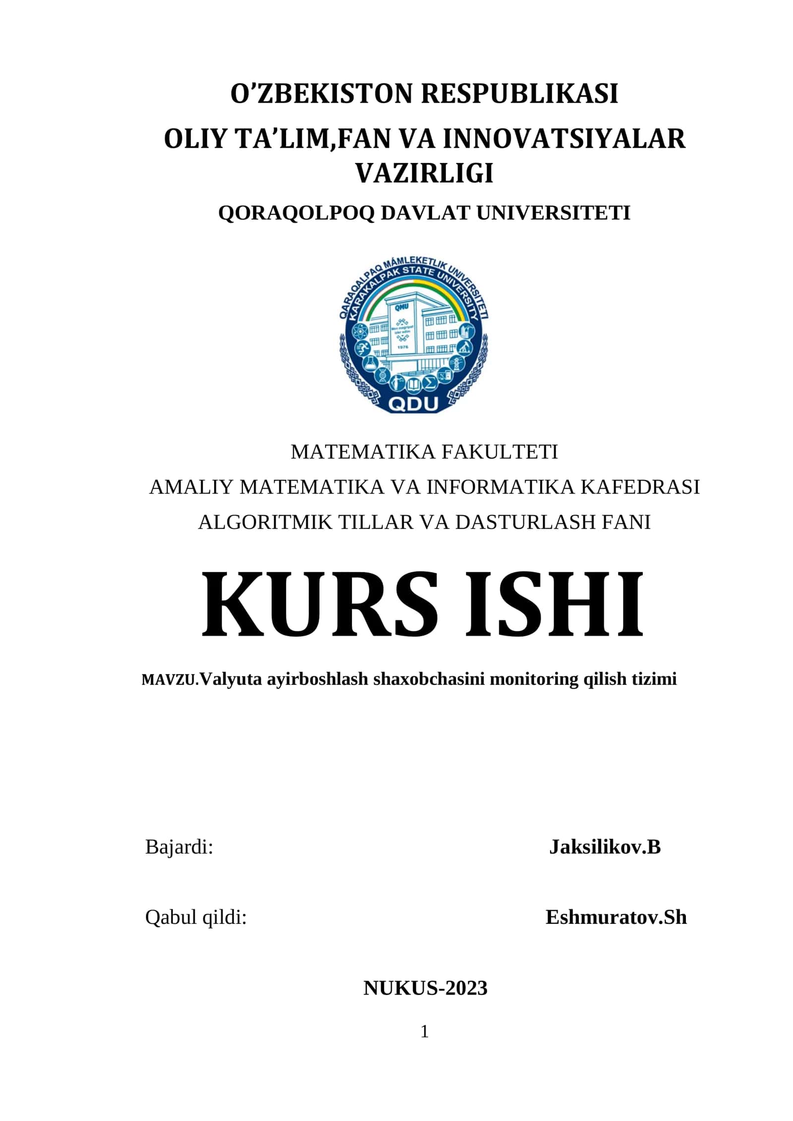 Valyuta ayirboshlash shaxobchasini monitoring qilish tizimi