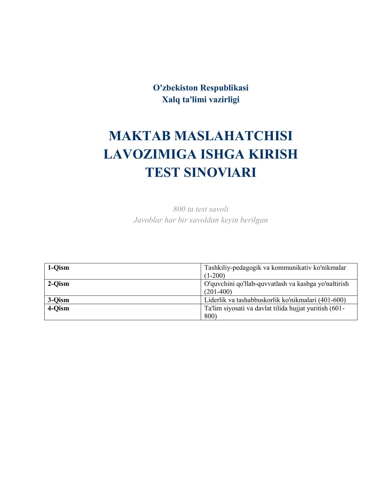 MAKTAB MASLAHATCHISI LAVOZIMIGA ISHGA KIRISH TEST SINOVlARI TASHKILIY-PEDAGOGIK VA KOMMUNIKATIV KO'NIKMALAR