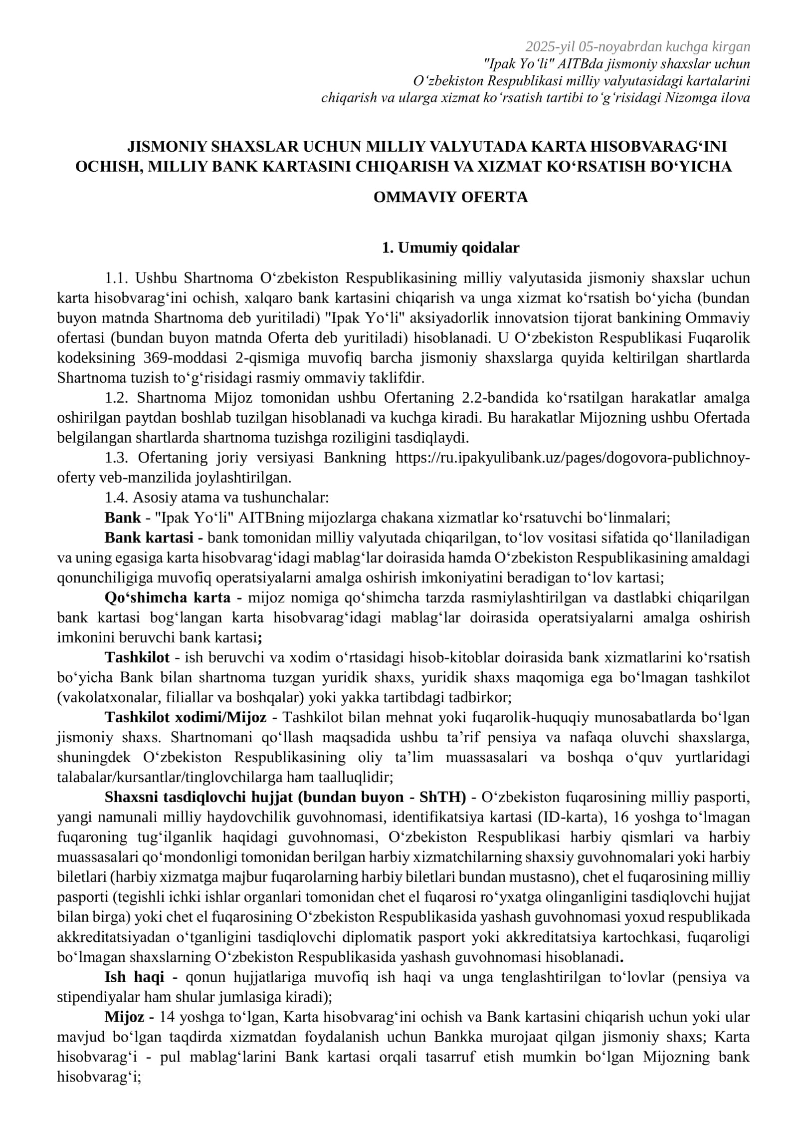 O‘zbekiston Respublikasi Milliy Valyutasidagi Kartalar Ochish