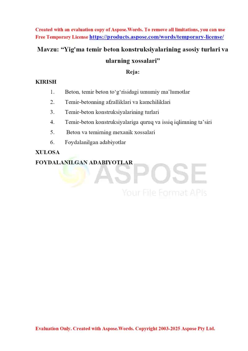 Yig'ma temir beton konstruksiyalarining asosiy turlari va ularning xossalari