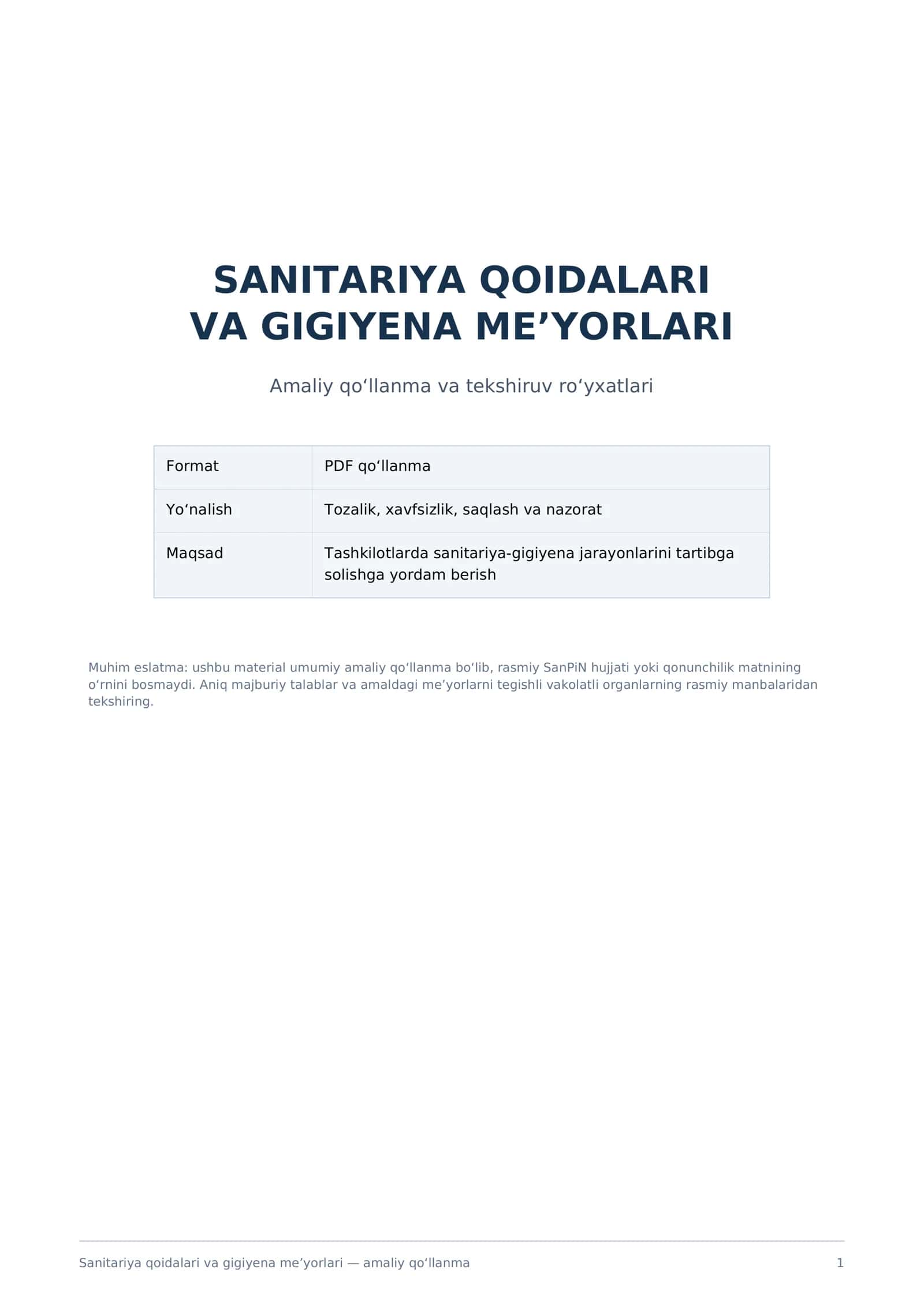 Sanitariya qoidalari va gigiyena me’yorlari