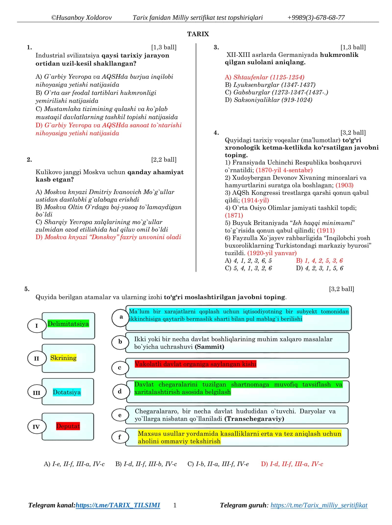 Tarix fanidan Milliy sertifikat test topshiriqlari