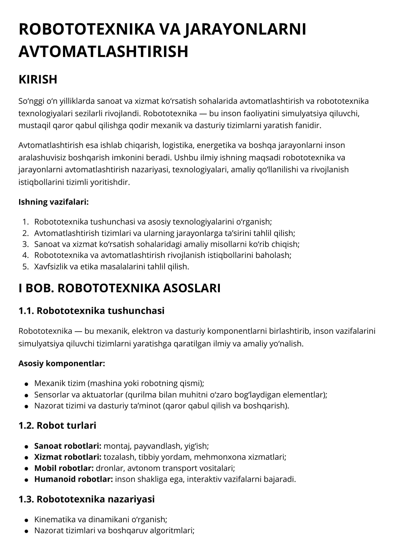 ROBOTOTEXNIKA VA JARAYONLARNI AVTOMATLASHTIRISH