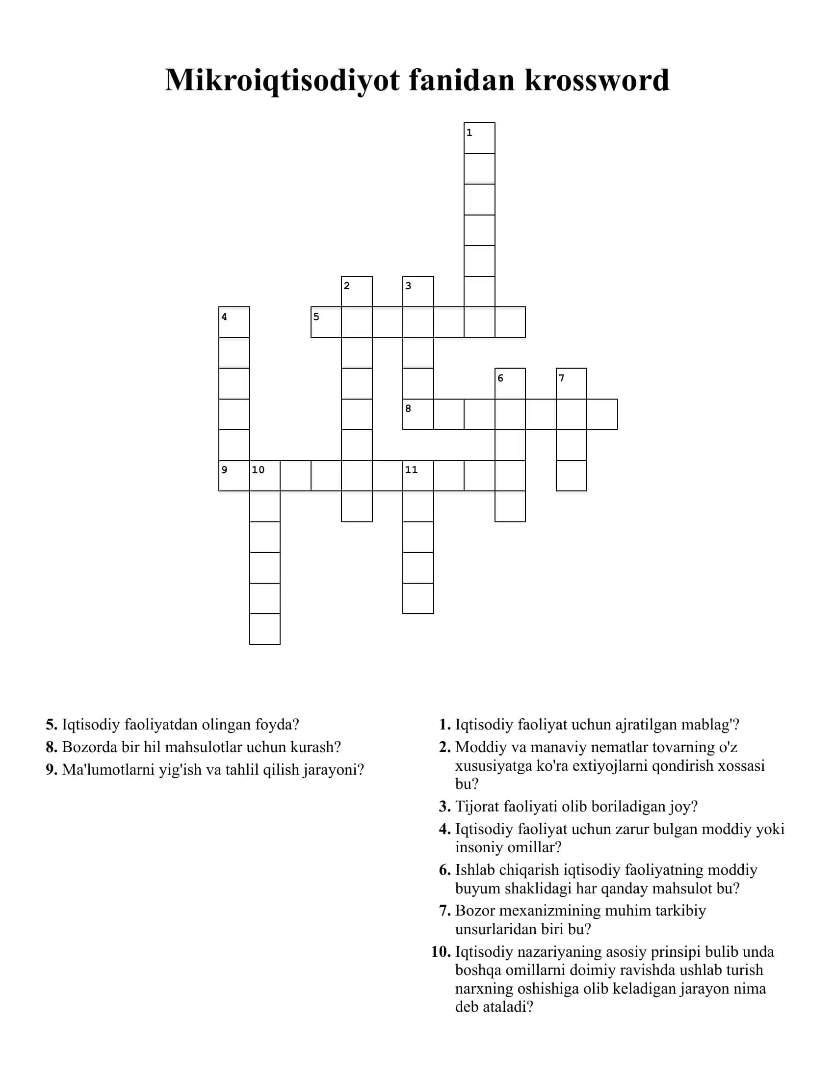 Mikroiqtisodiyot fanidan krossword
