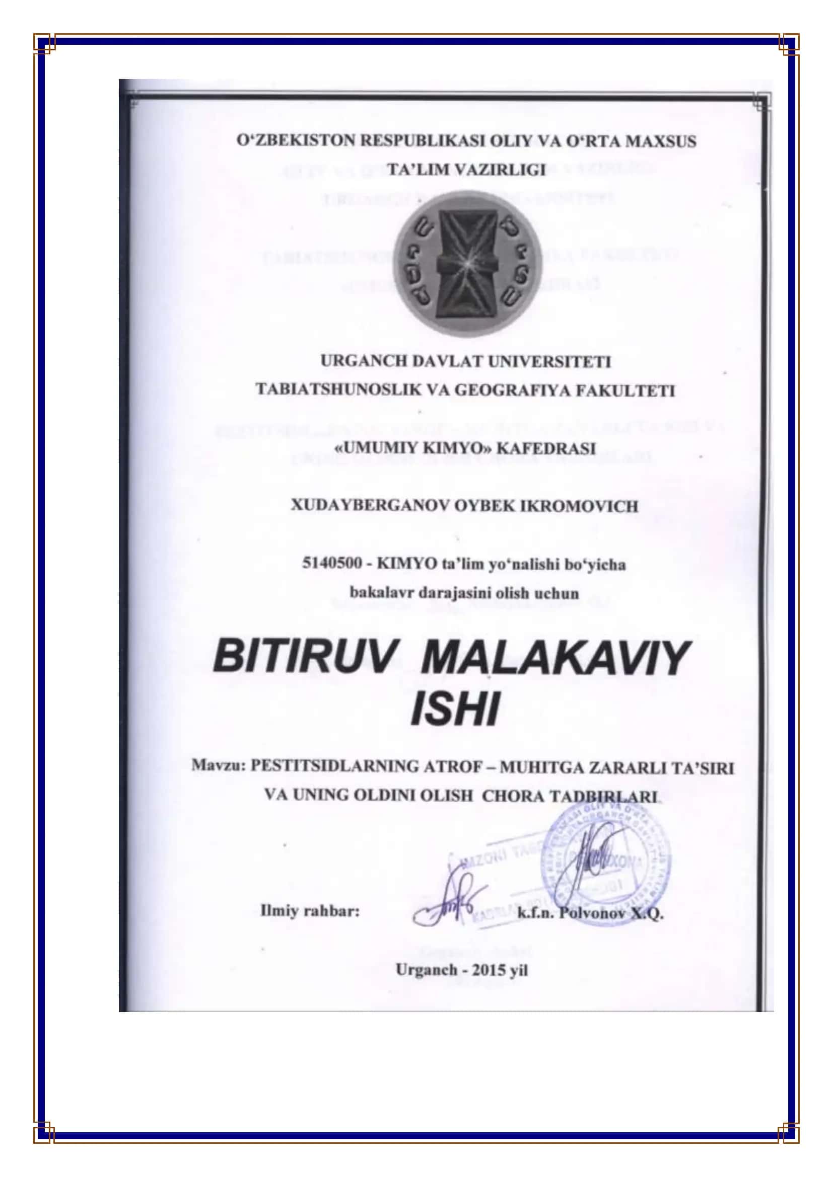 Pestitsidlarning atrof – muhitga zararli ta’siri va uning oldini olish chora tadbirlari