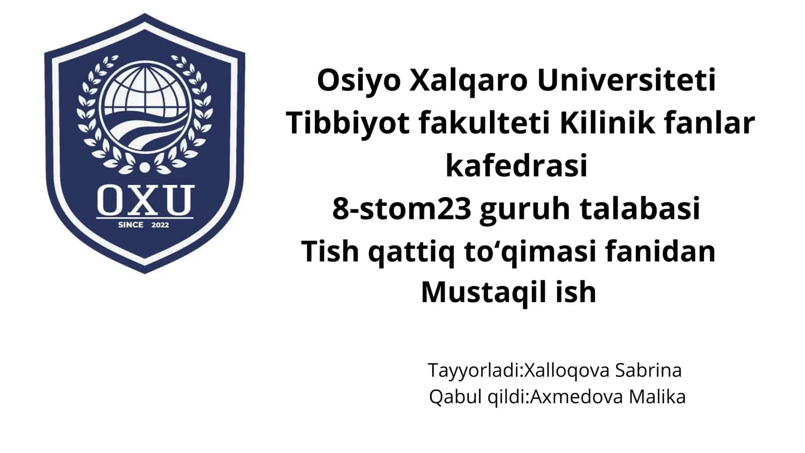 Tish qattiq toʻqimasi fanidan Mustaqil ish
