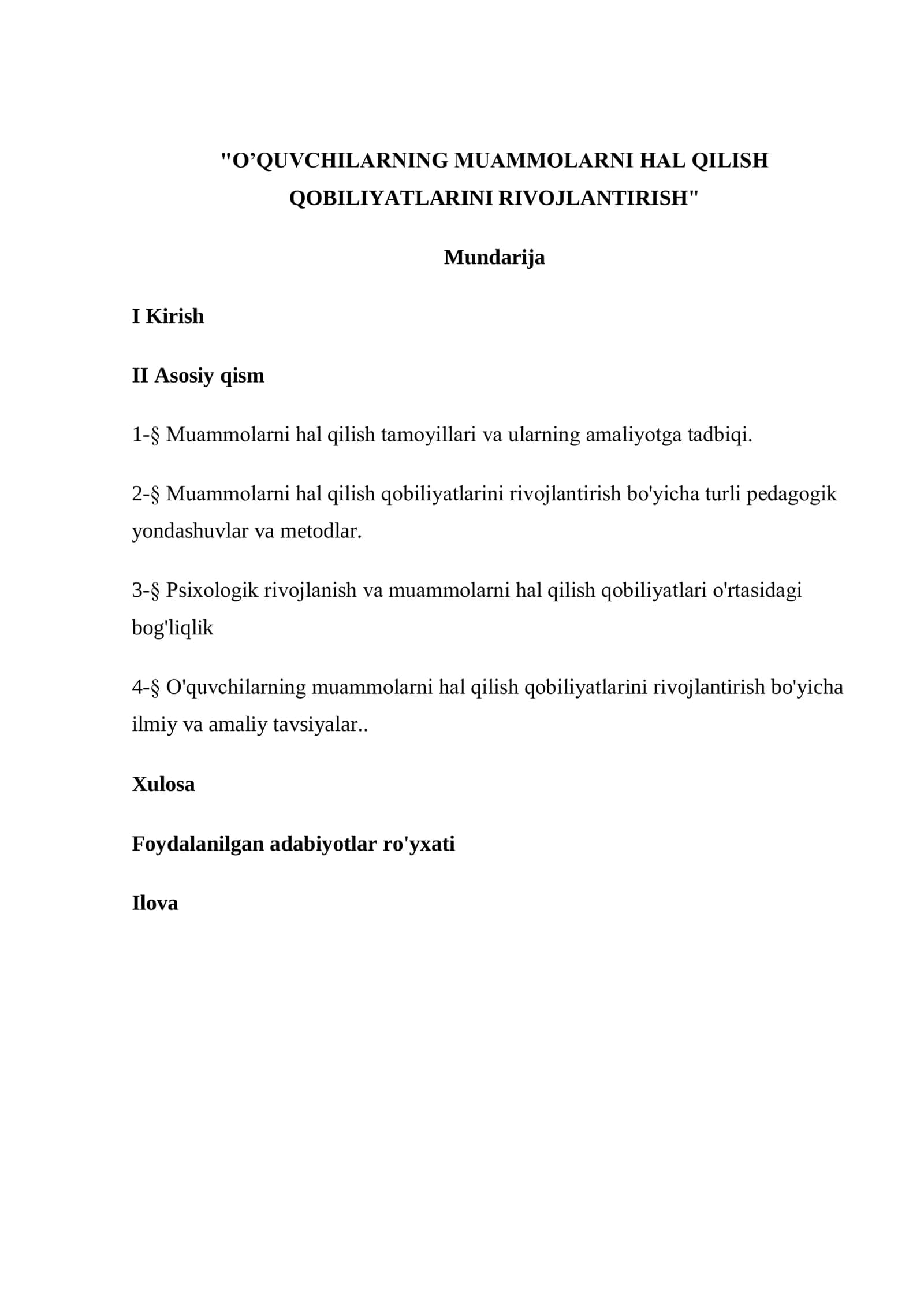 O’QUVCHILARNING MUAMMOLARNI HAL QILISH QOBILIYATLARINI RIVOJLANTIRISH mavzusida kurs ishi