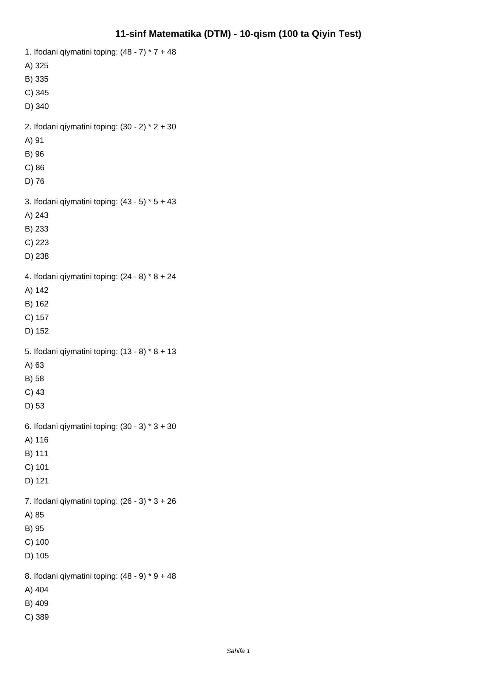 11-sinf Matematika (DTM) - 10-qism (100 ta Qiyin Test)
