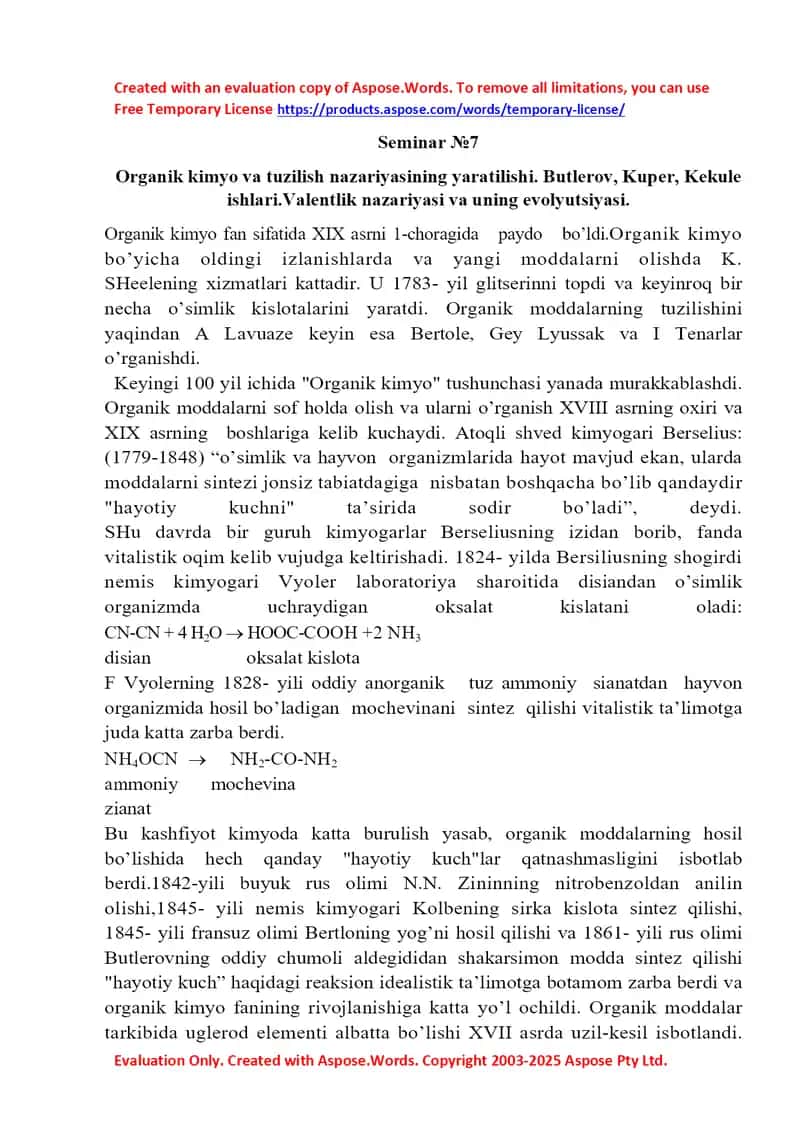 Seminar №7: Organik kimyo va tuzilish nazariyasining yaratilishi