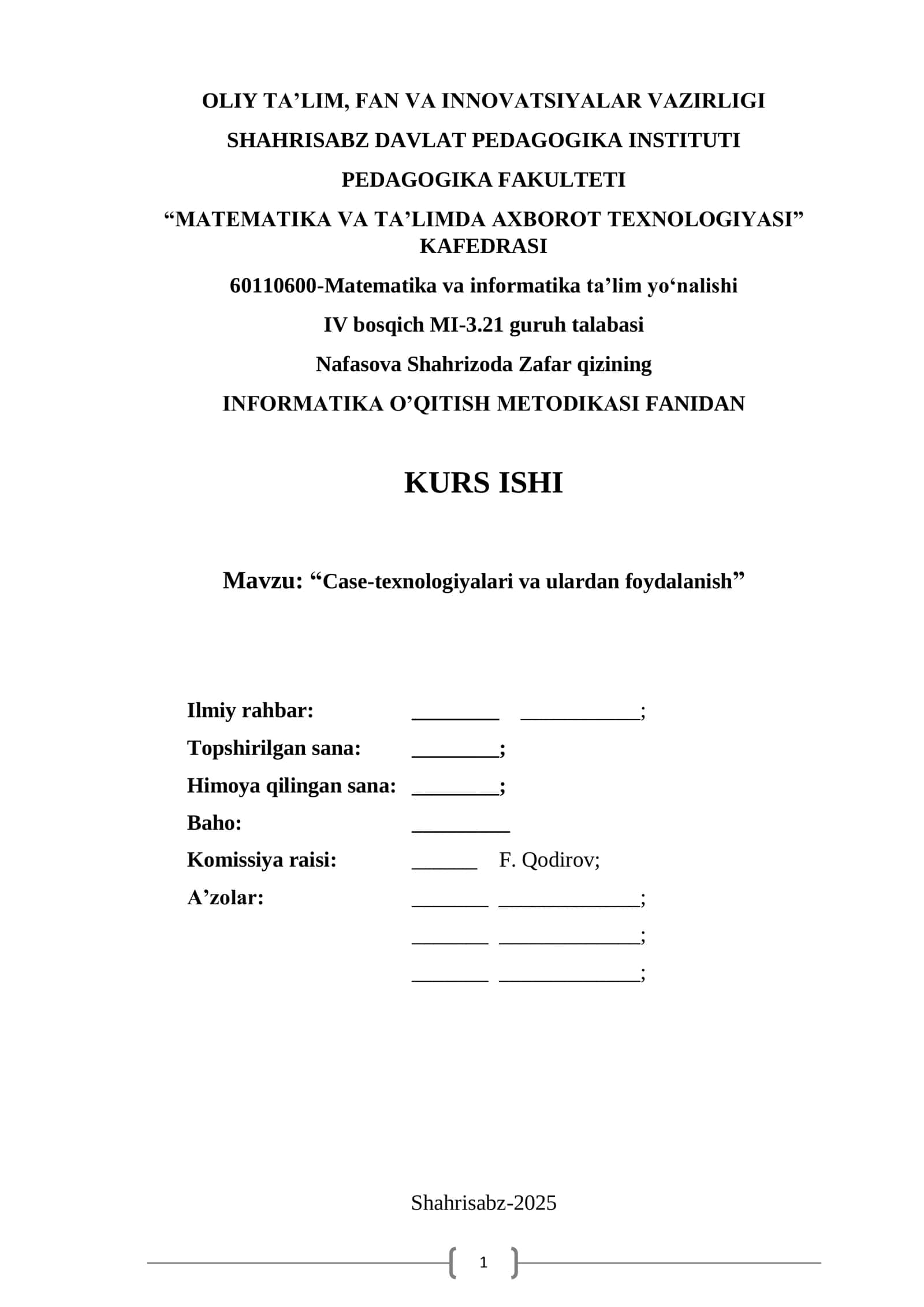 INFORMATIKA O‟QITISH METODIKASI FANIDAN KURS ISHI 1
