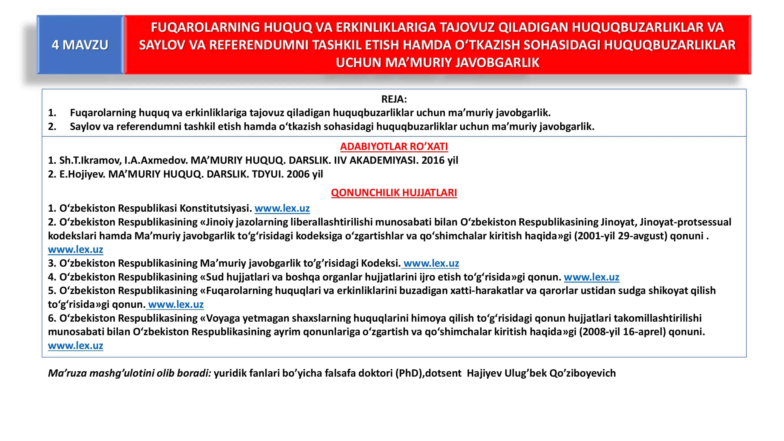 Fuqarolarning huquq va erkinliklariga tajovuz qiladigan huquqbuzarliklar va saylov va referendumni tashkil etish hamda o‘tkazish sohasidagi huquqbuzarliklar uchun ma’muriy javobgarlik